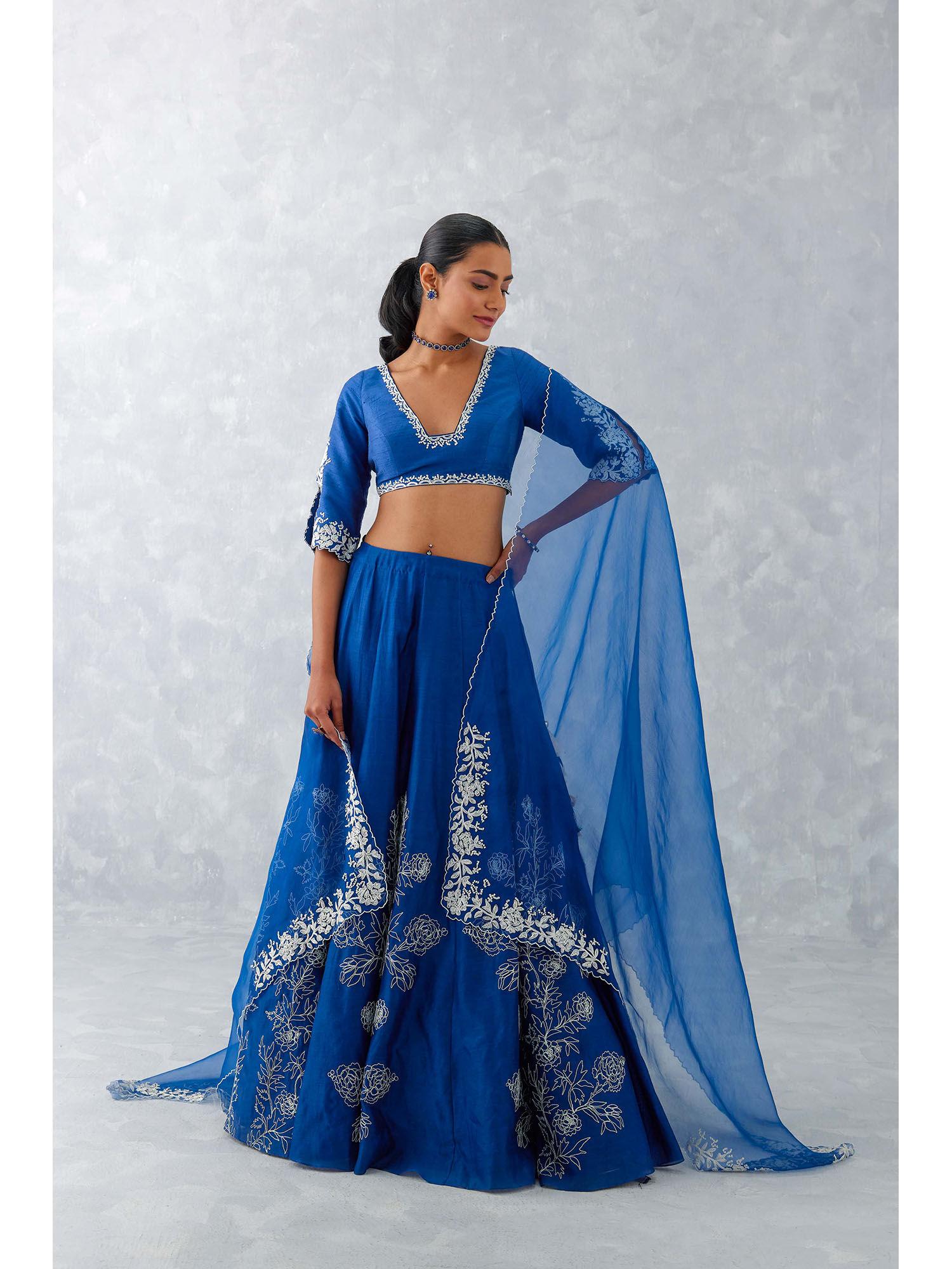 blue floral embroidered silk lehenga (set of 3)