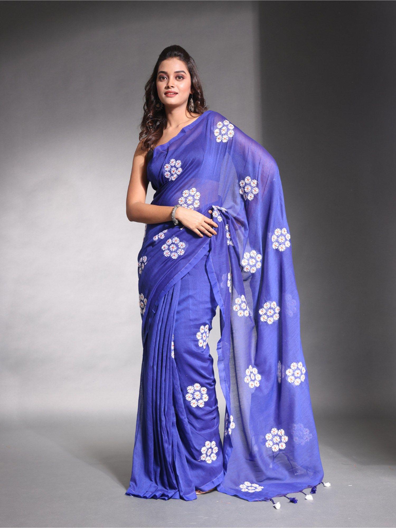 blue floral embroidery work pure cotton soft saree with unstitched blouse