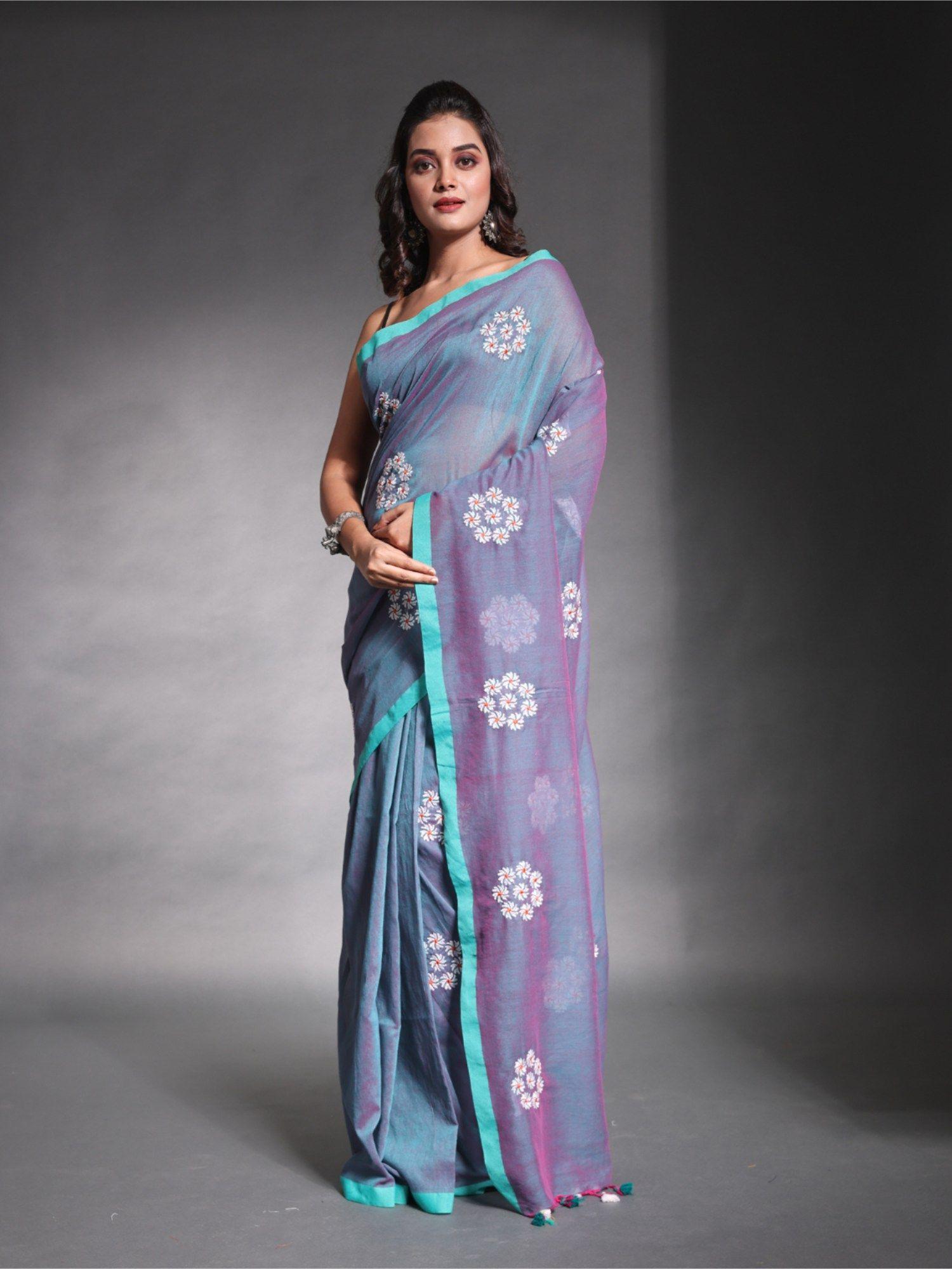 blue floral embroidery work pure cotton soft saree with unstitched blouse