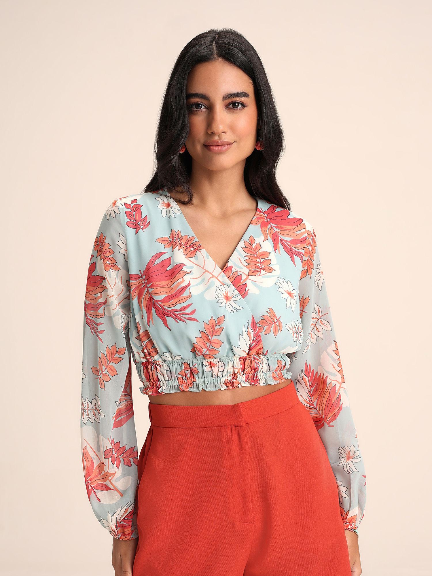 blue floral full sleeves crop top