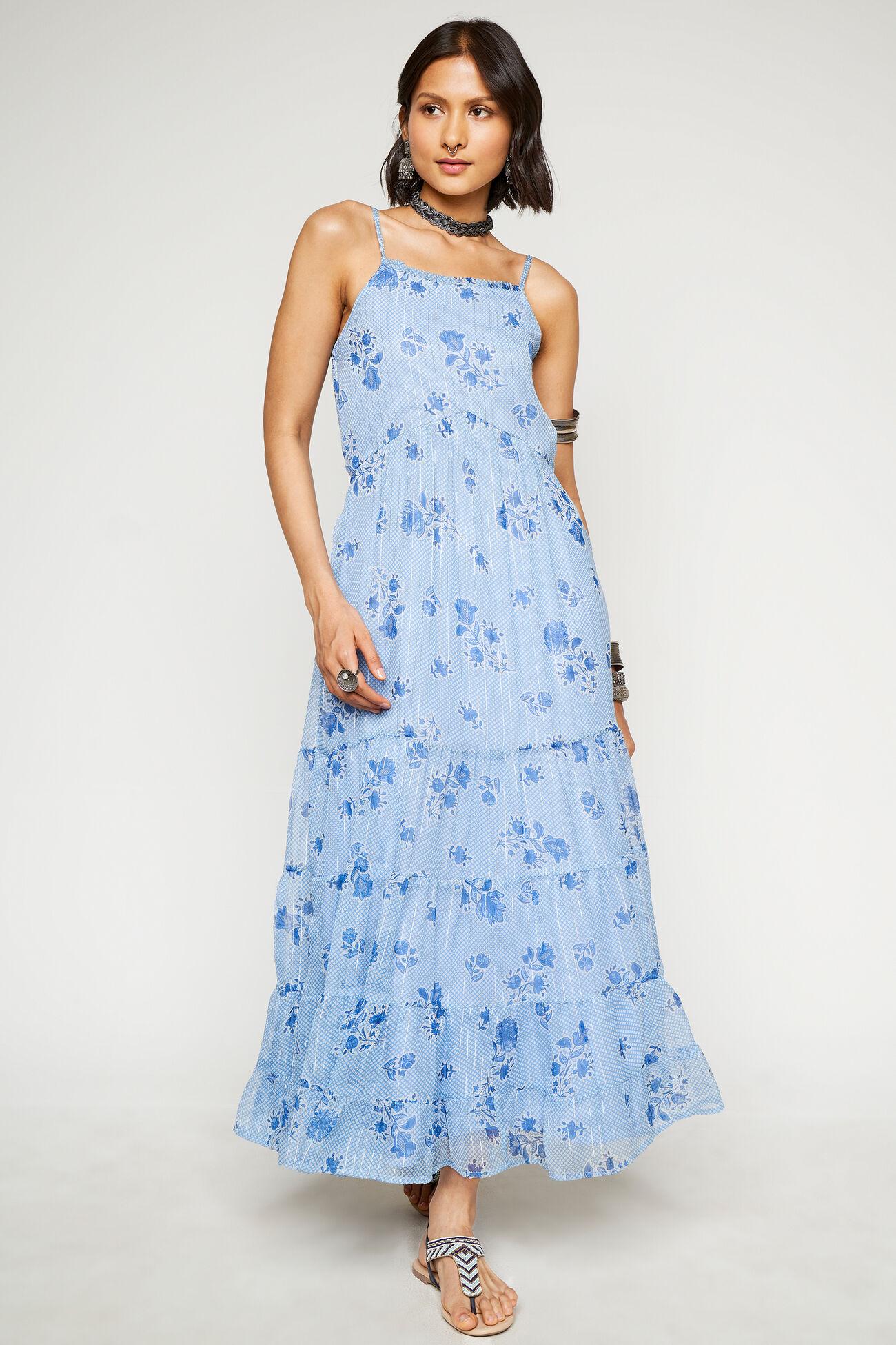 blue floral gathered straight gown