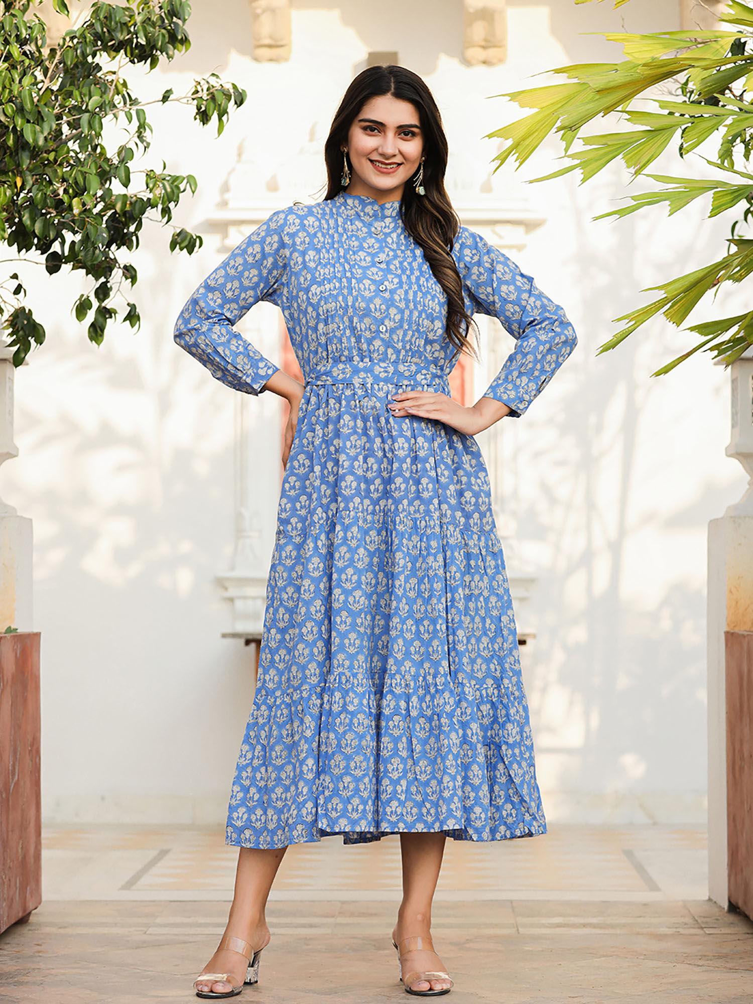 blue floral handblock print cotton dress