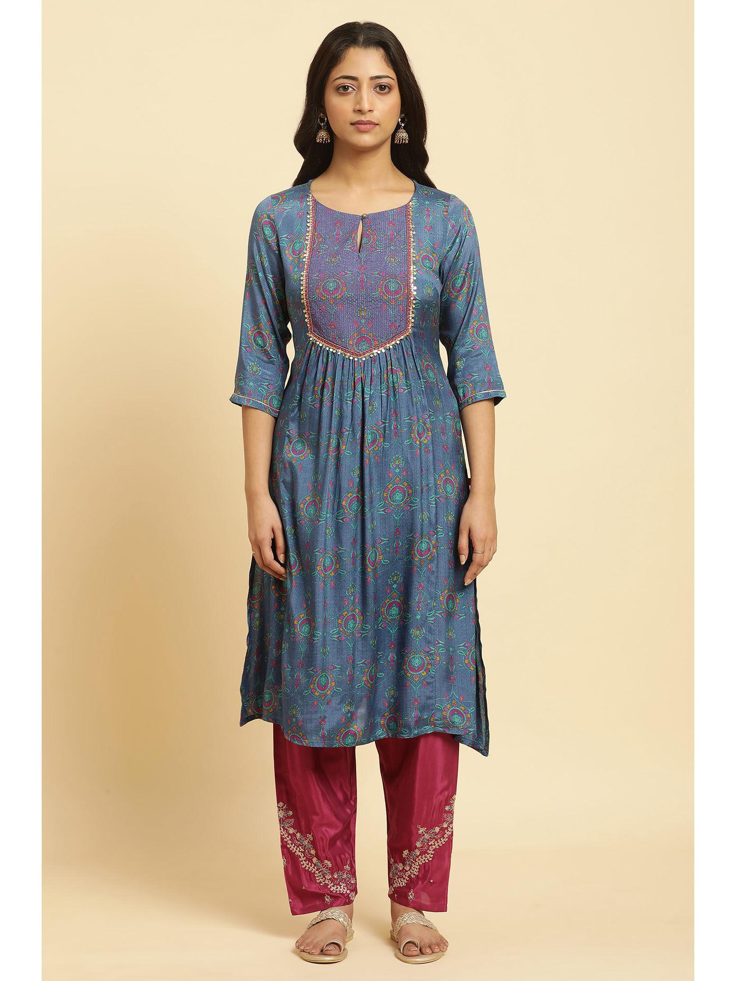 blue floral keyhole neck viscose kurta