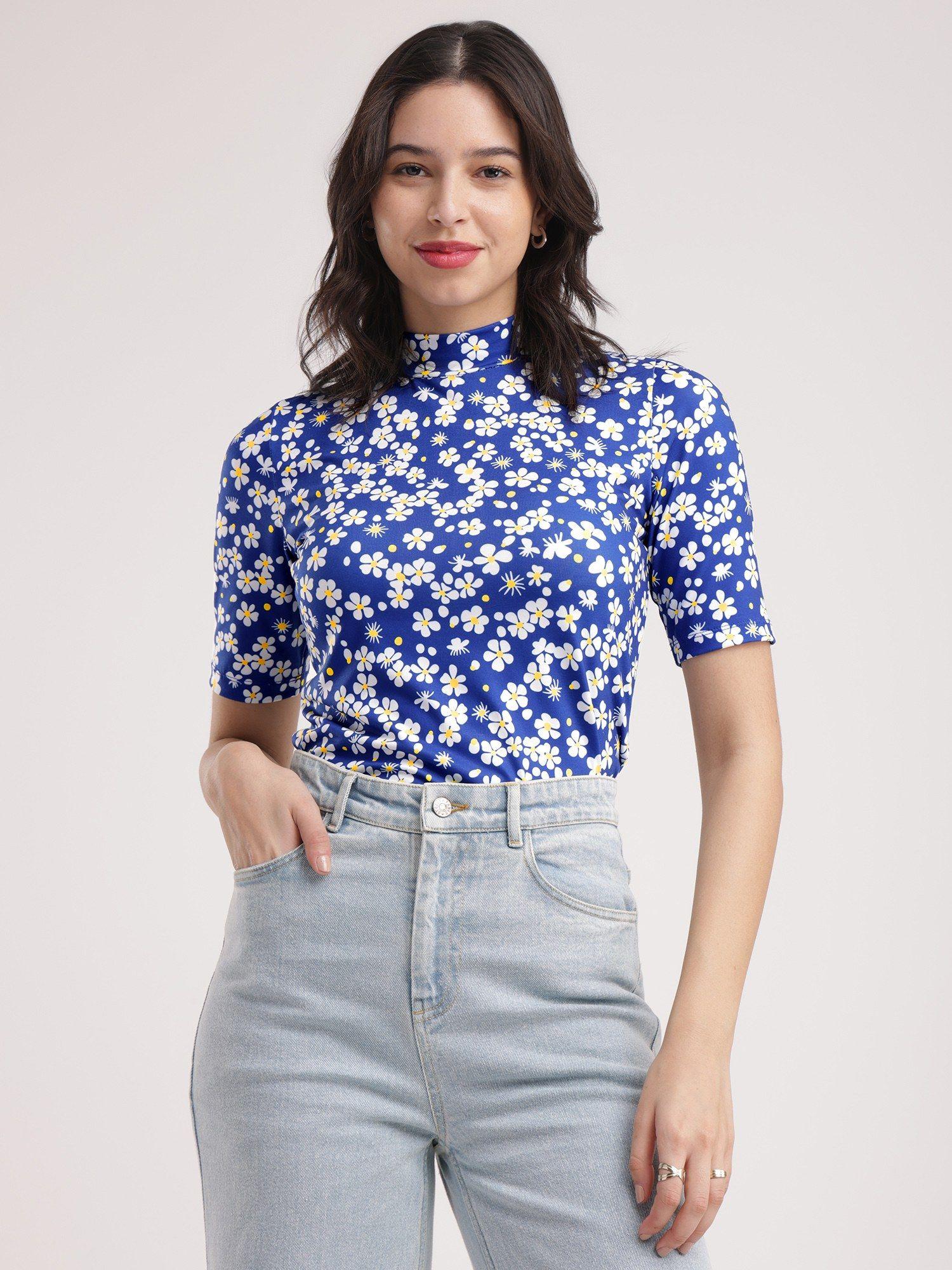 blue floral knitted high neck t-shirt