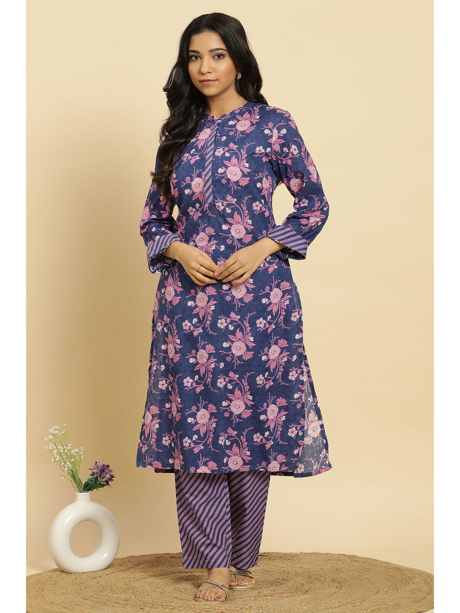 blue floral kurta and straight pant (set of 2)