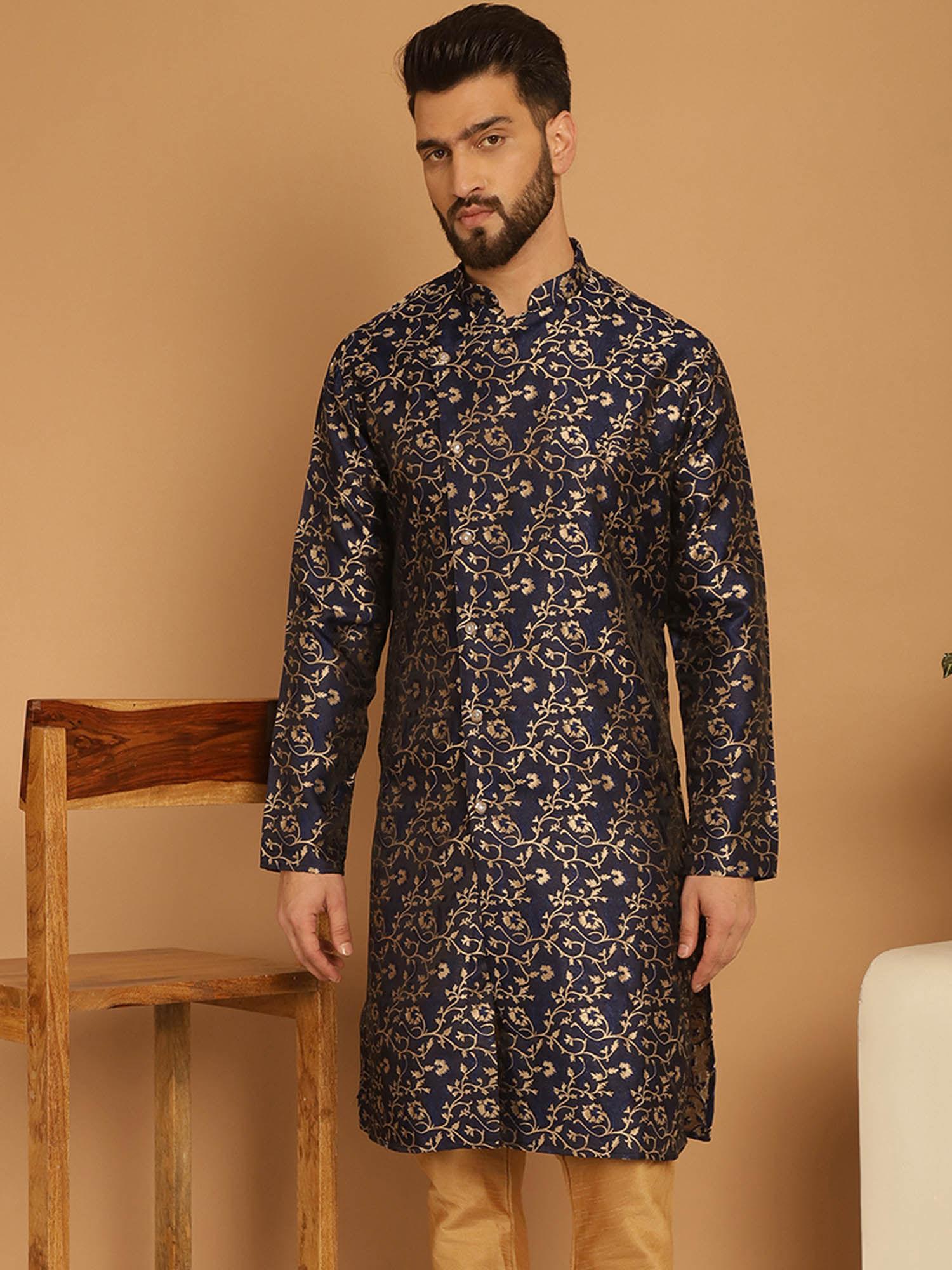 blue floral kurta with golden print