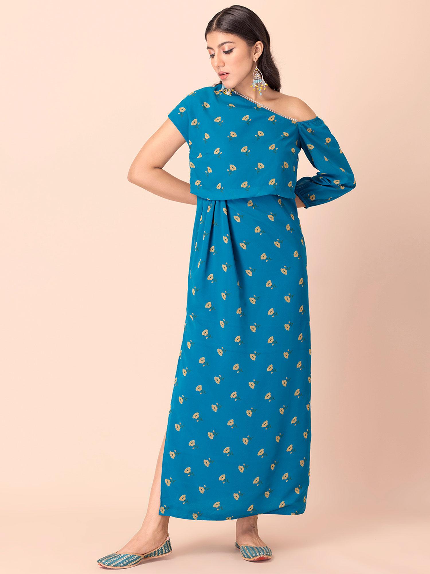 blue floral one shoulder maxi dress