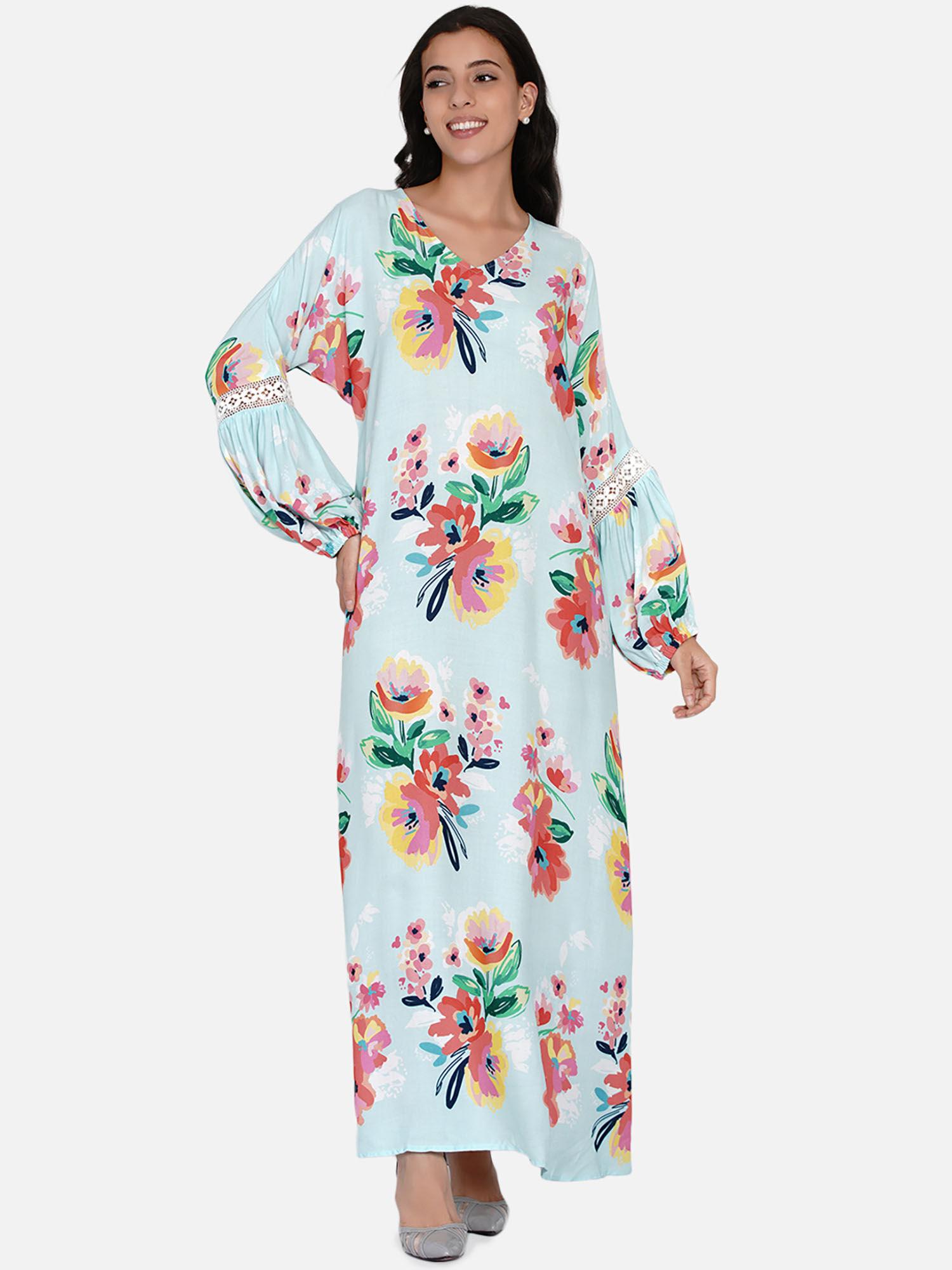 blue floral painterly floral maxi dress with balloon sleeves (pack of 2)