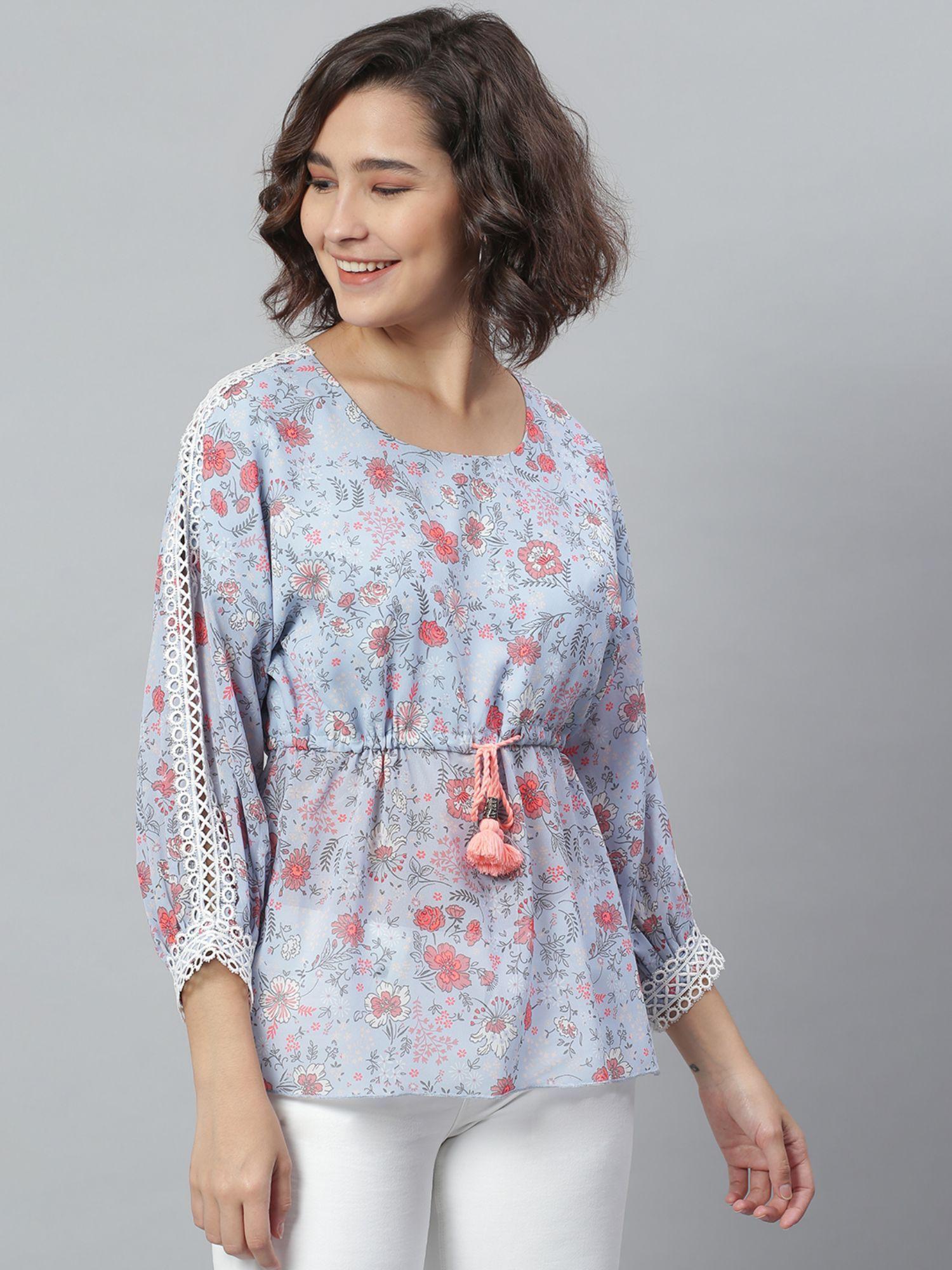 blue floral polyester top