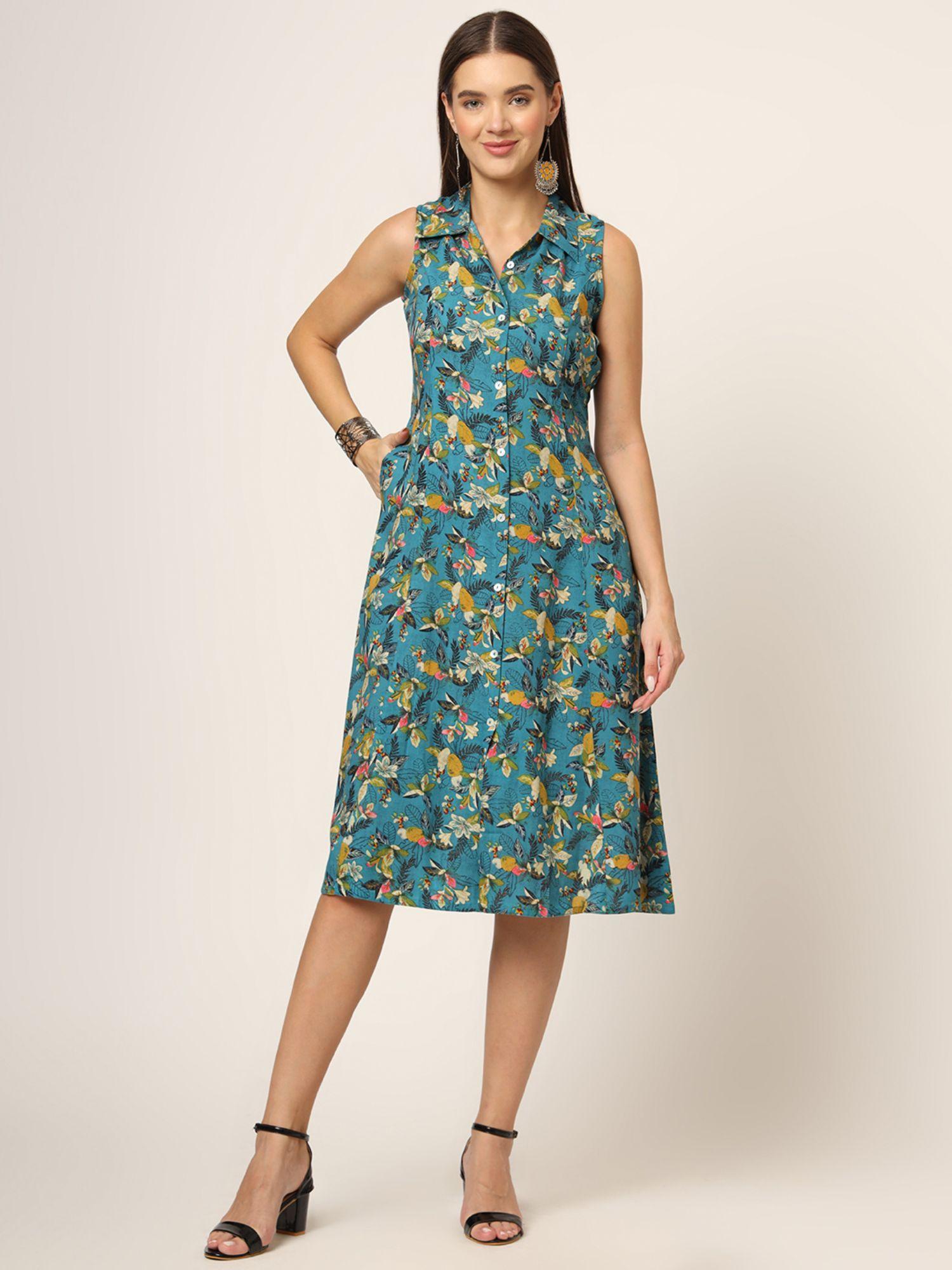 blue floral print a-line midi dress