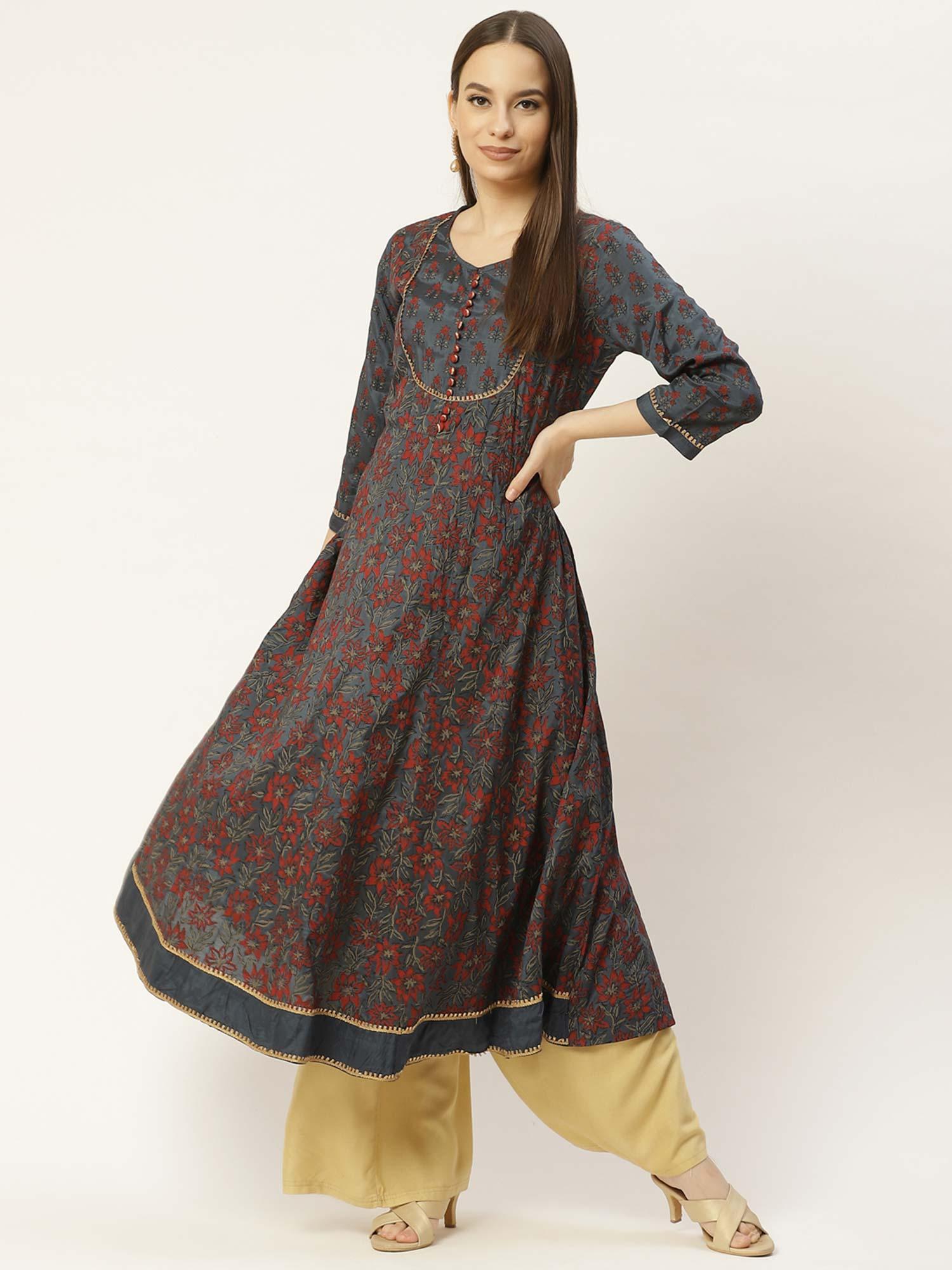 blue floral print anarkali kurta