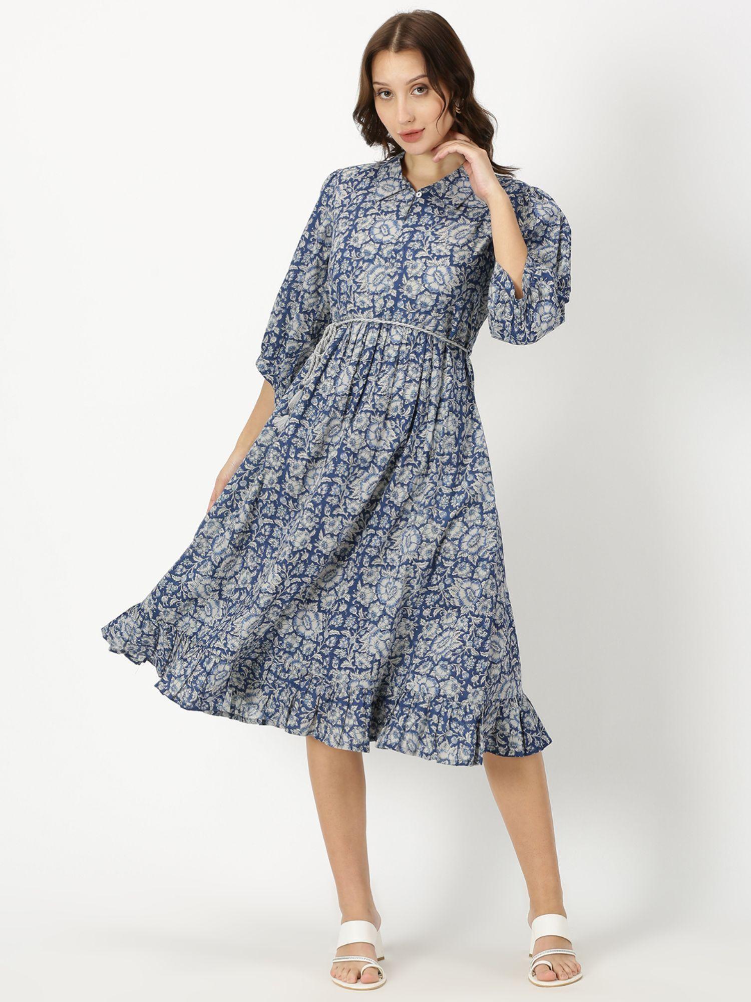 blue floral print boho midi dress with belt (set of 2)