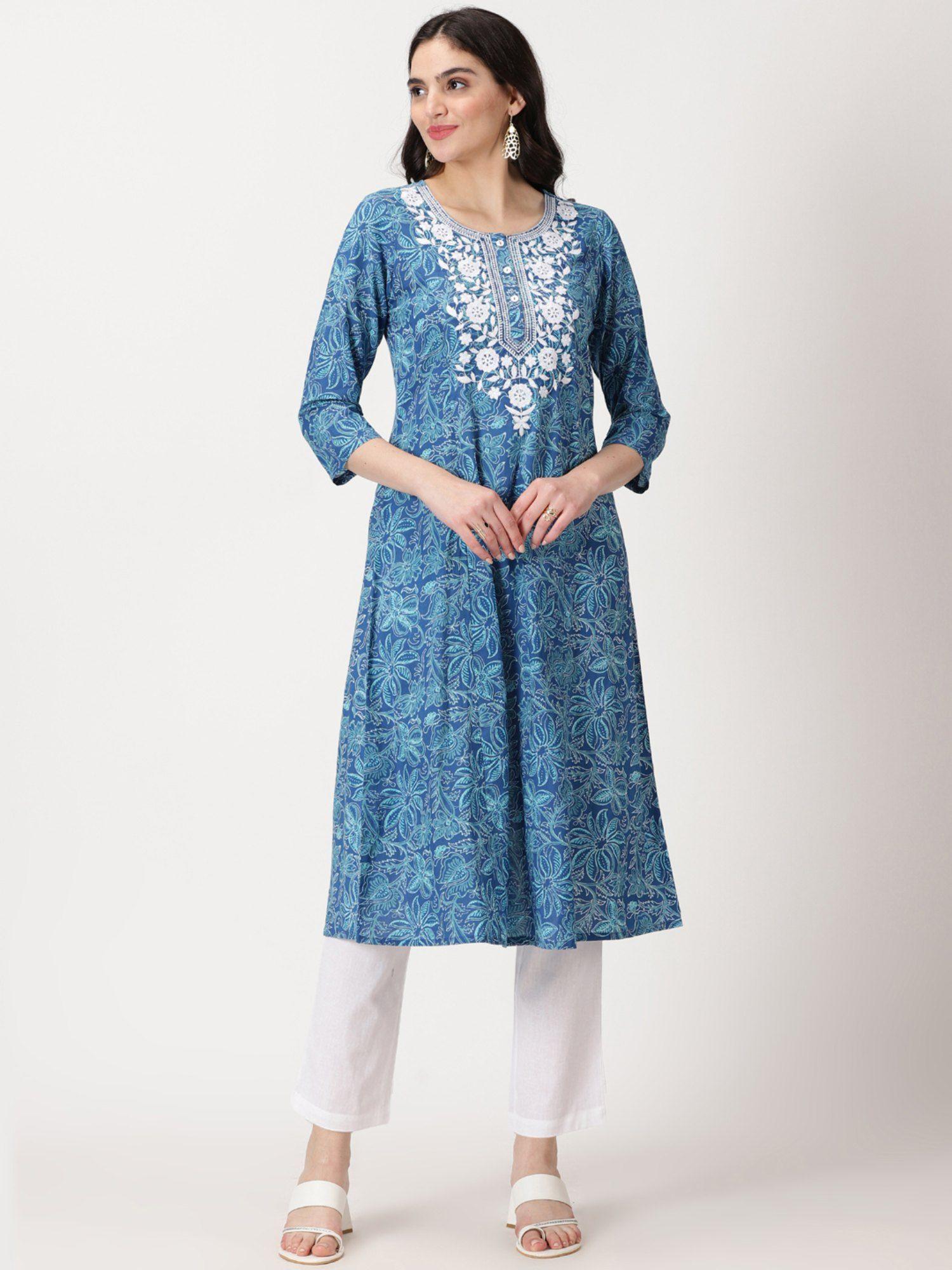 blue floral print cotton kurta with chikankari yoke embroidery