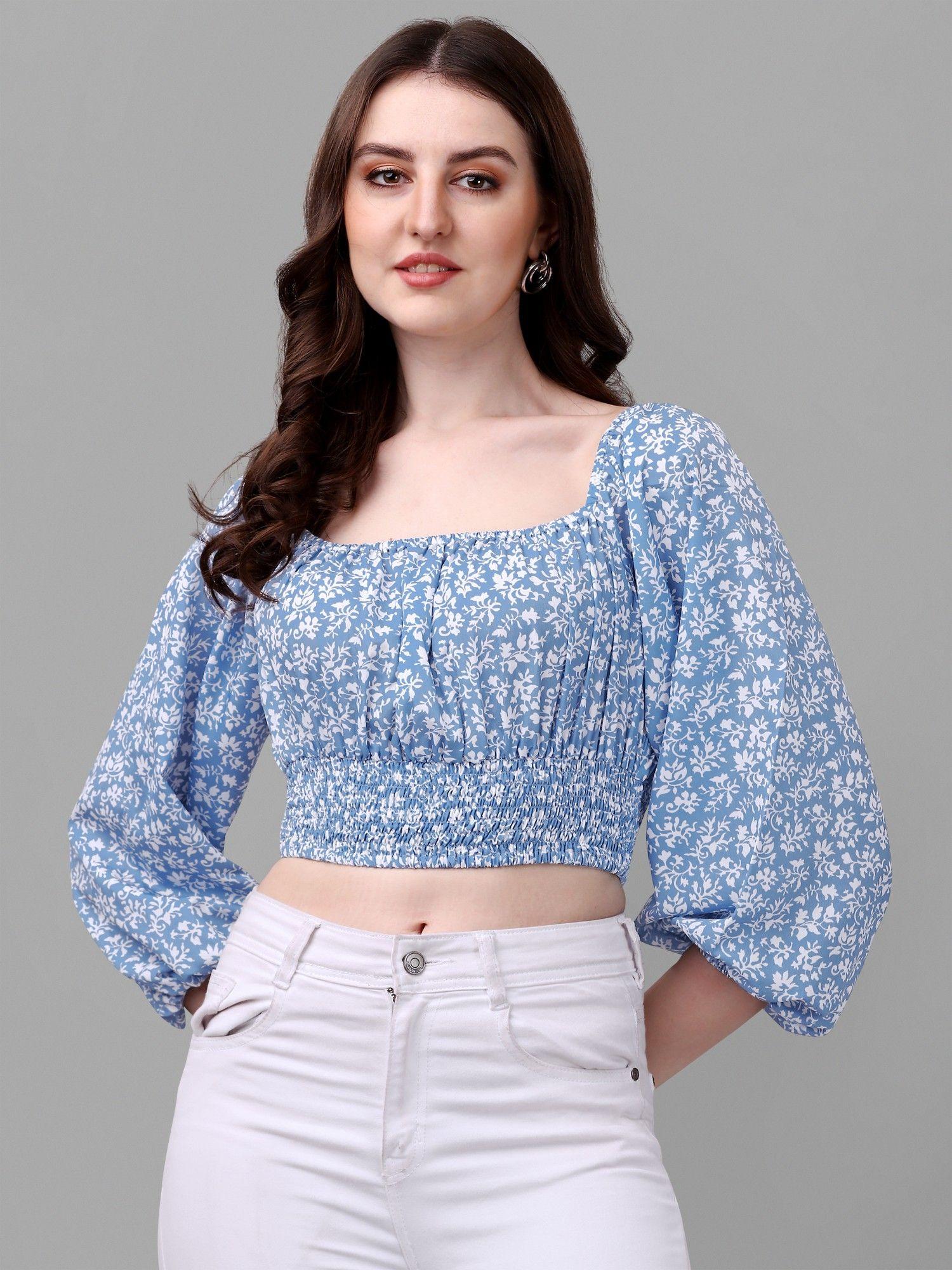 blue floral print crepe blouson crop top