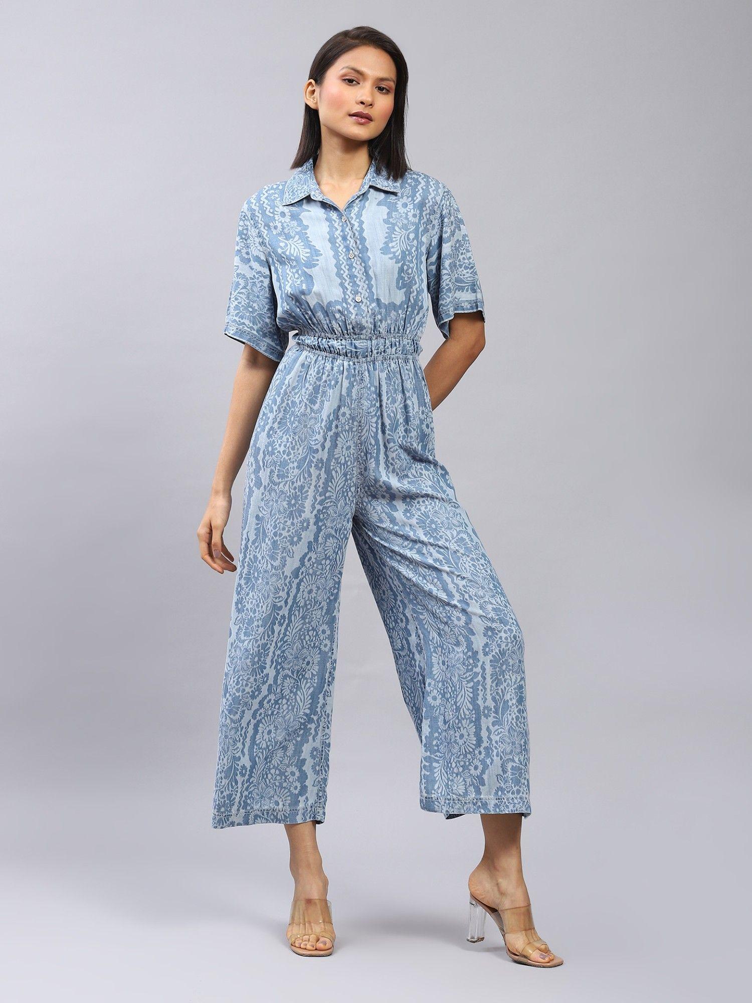 blue floral print denim jumpsuit