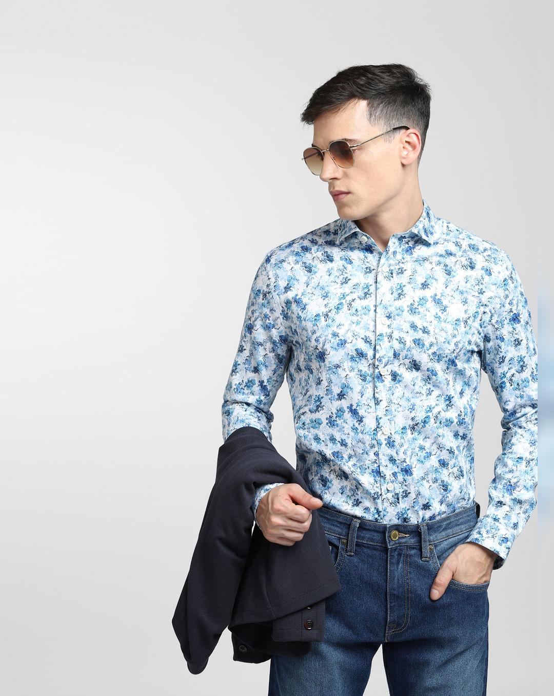 blue floral print full sleeves shirt