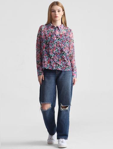 blue floral print full sleeves shirt