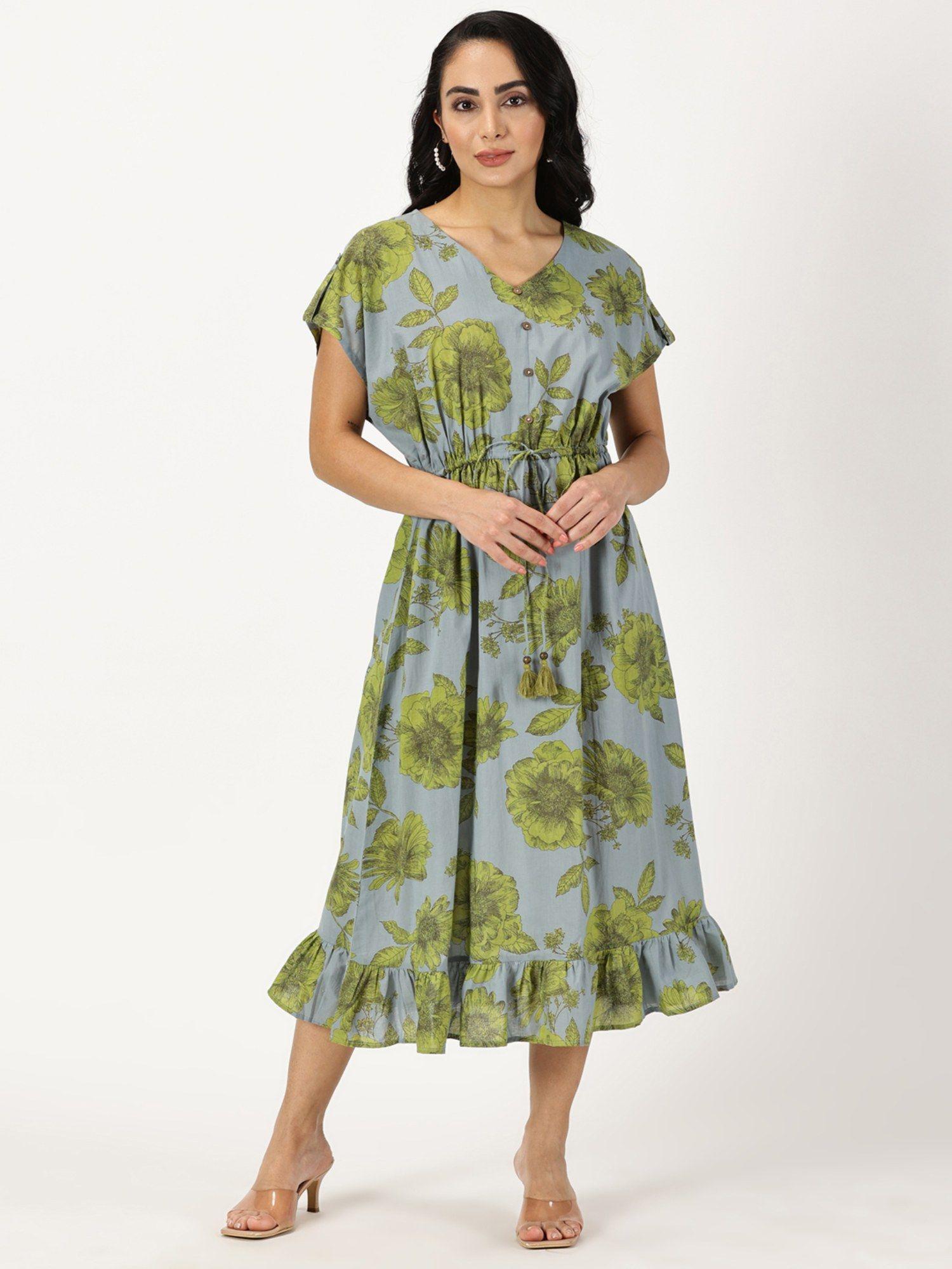 blue floral print kaftan dress with waist-tie up