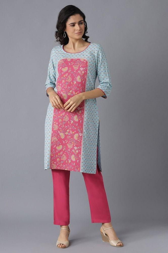 blue floral print kurta and pink trousers set