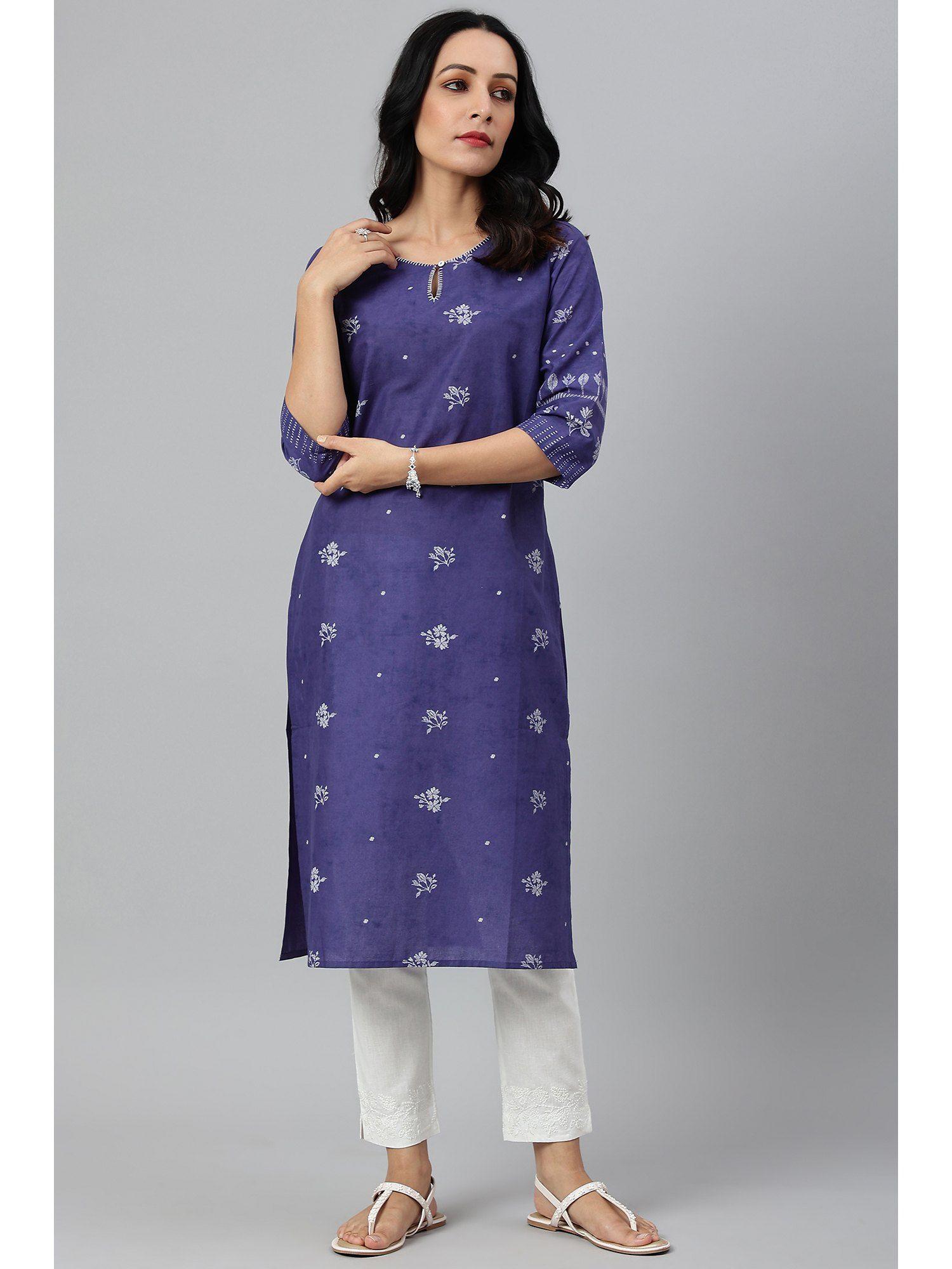 blue floral print kurta with embroidered neck