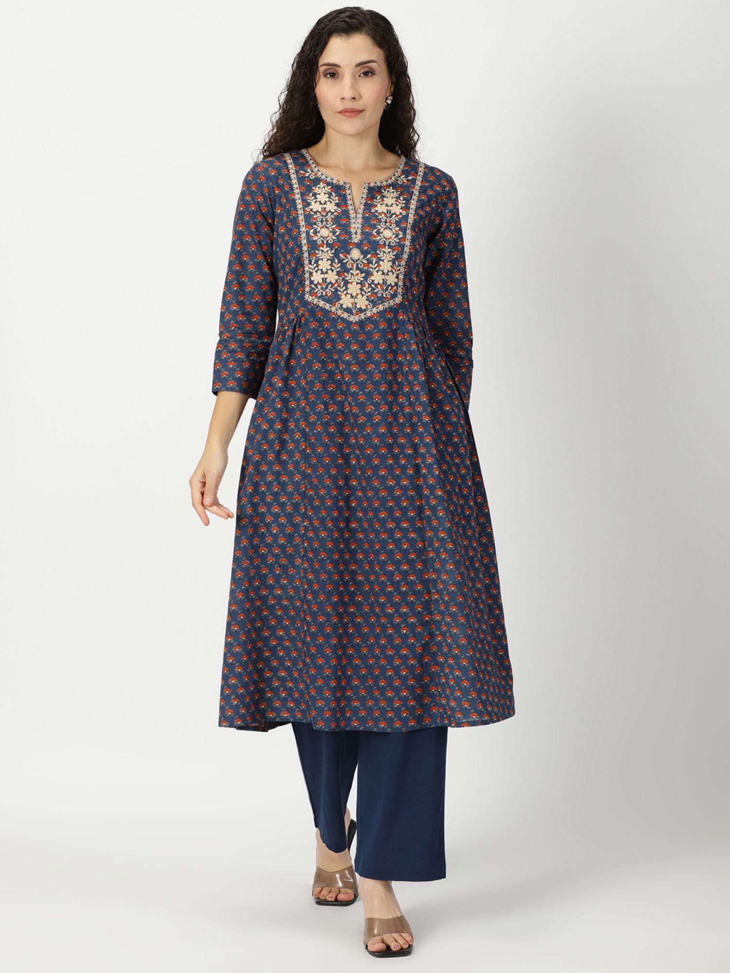 blue floral print kurta with yoke embroidery