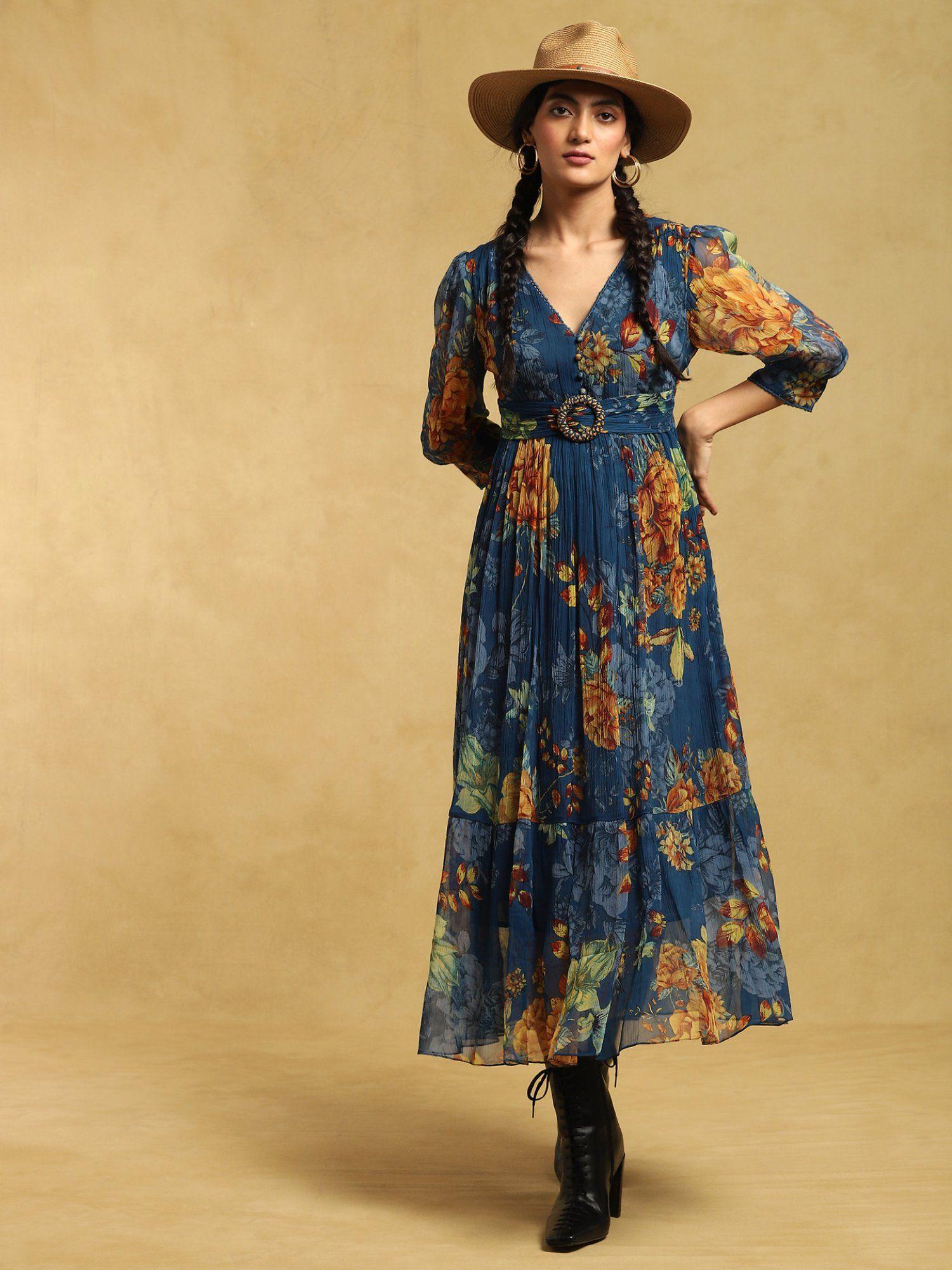 blue floral print long dress