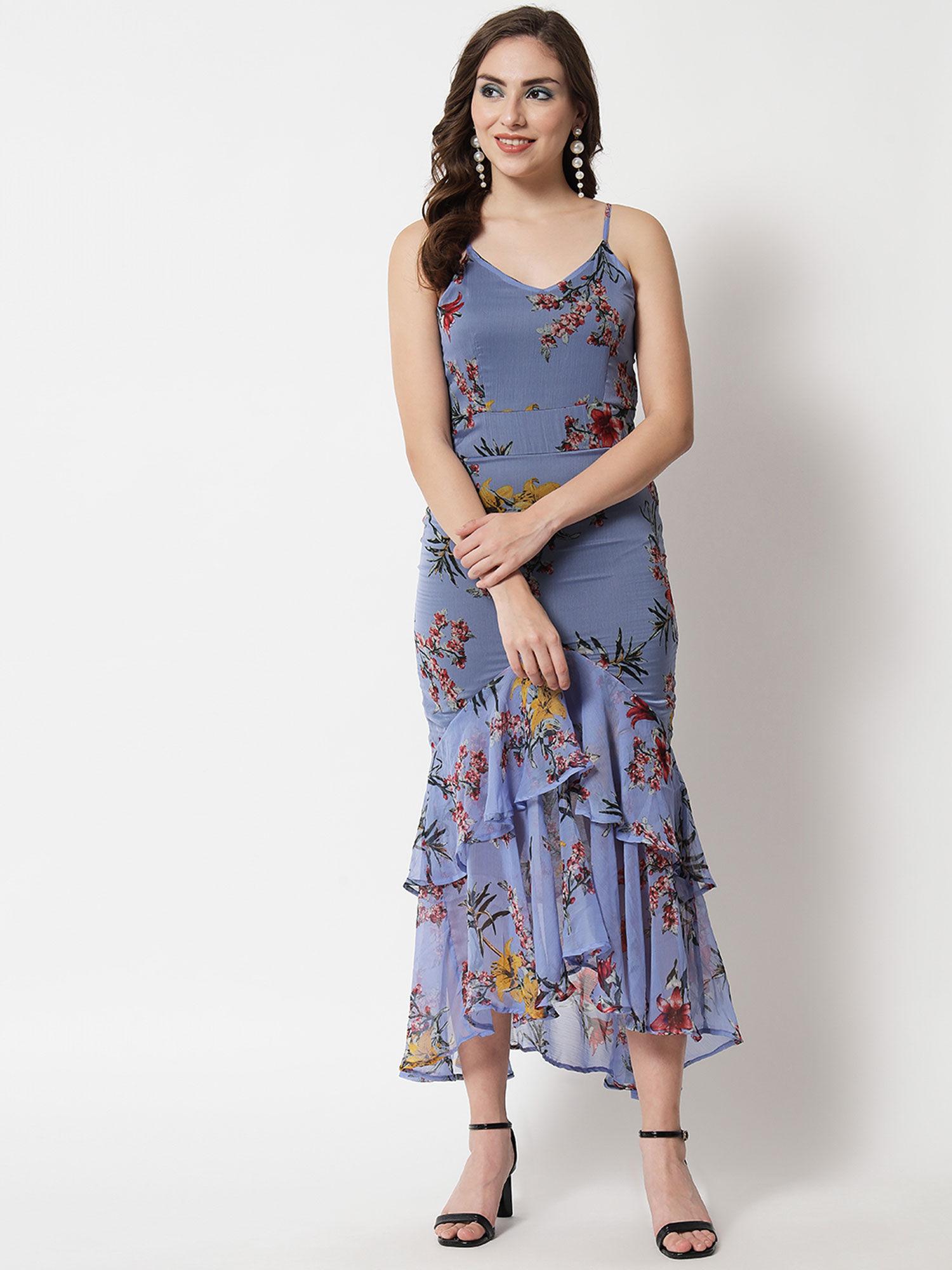 blue floral print long frill dress