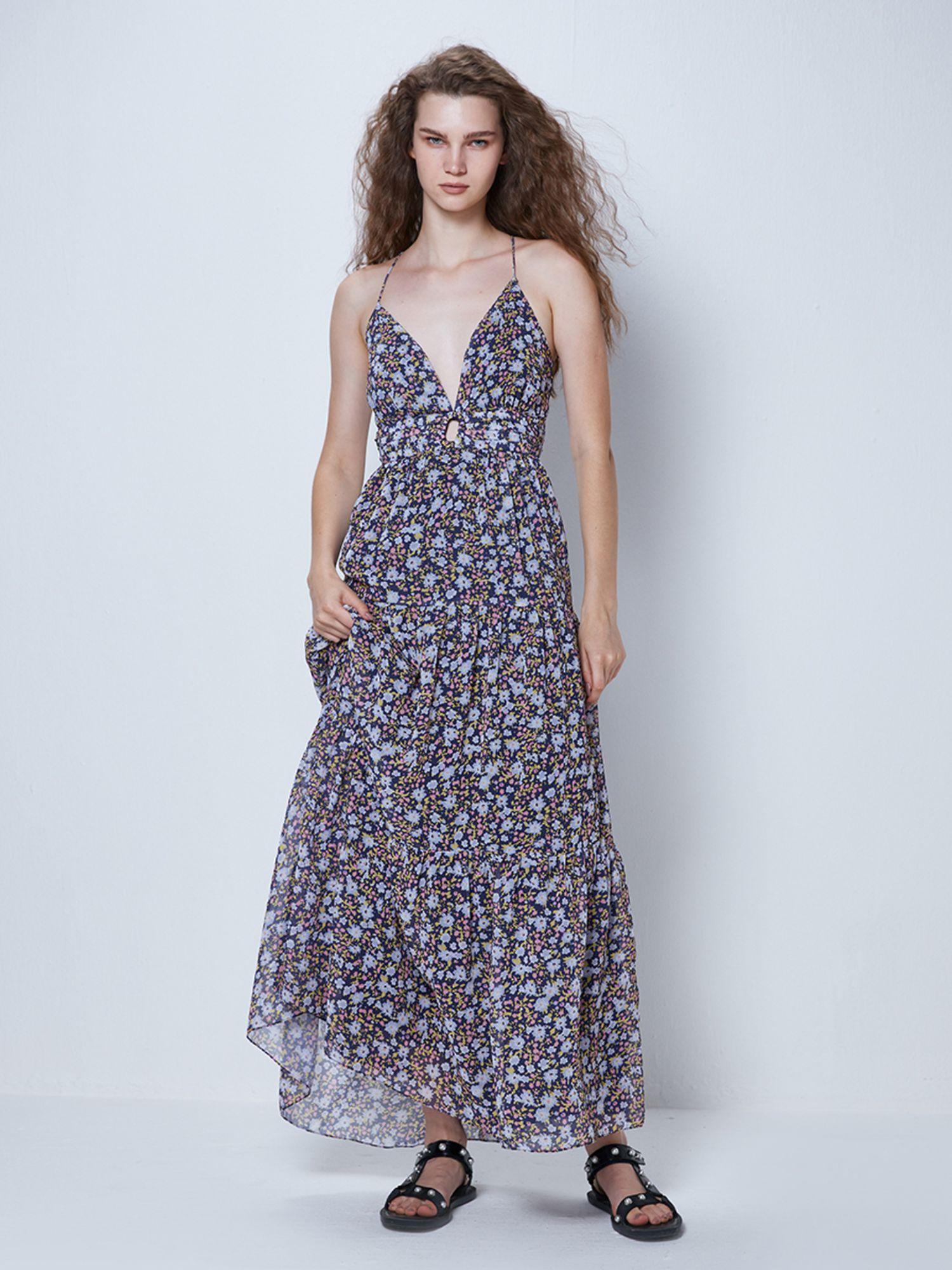 blue floral print maxi dress