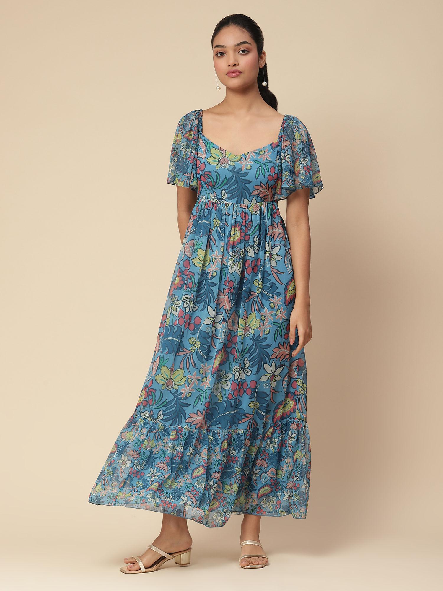 blue floral print maxi dress