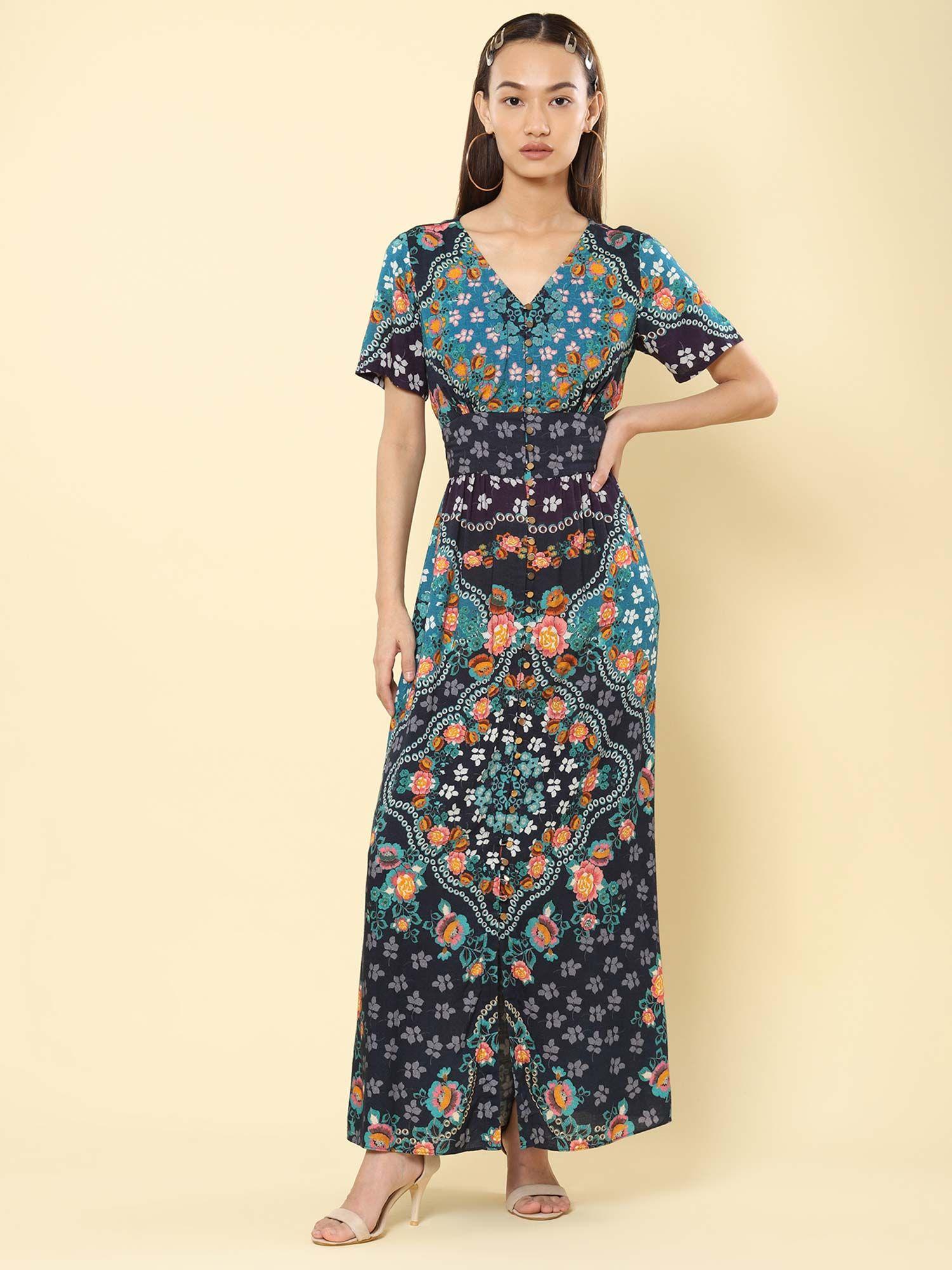 blue floral print maxi dress