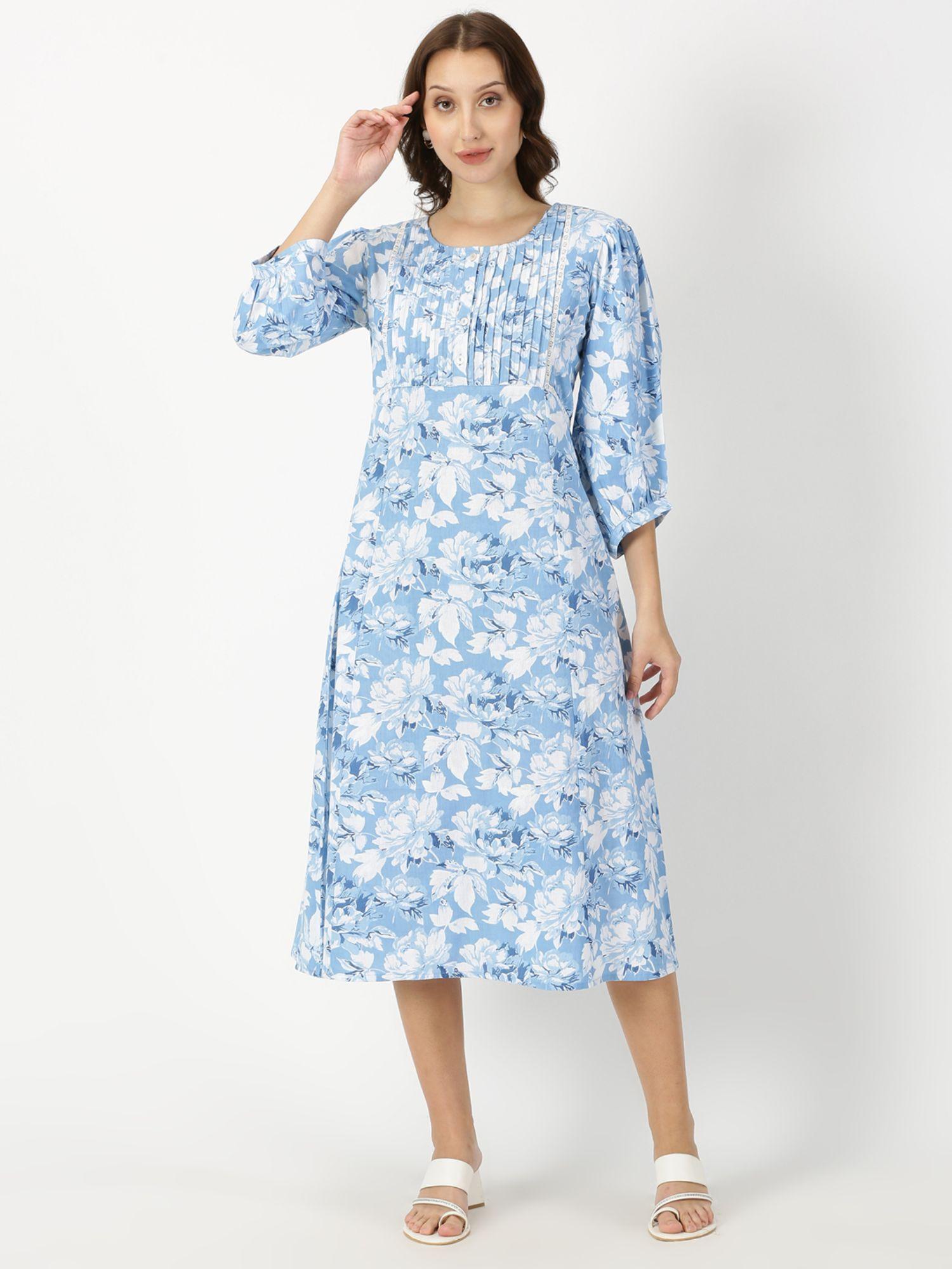 blue floral print midi dress with pintucks