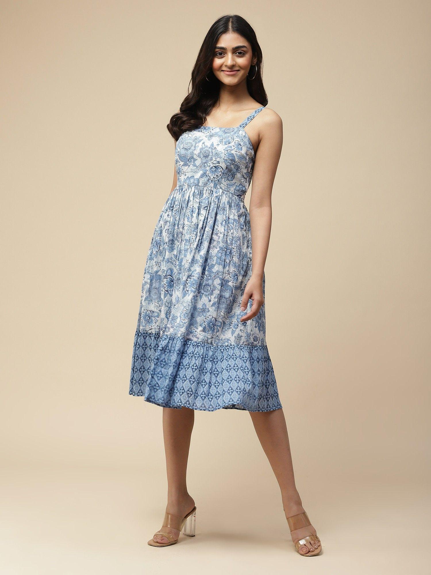 blue floral print midi dress