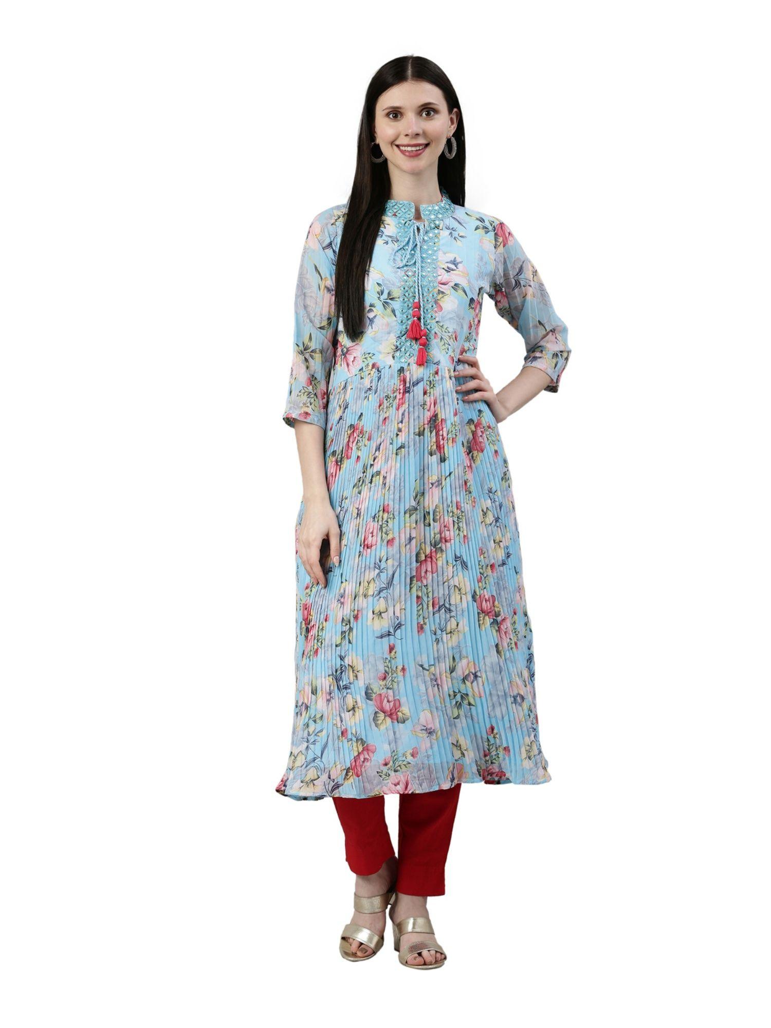 blue floral print mirror work yoke design pleated a-line kurtas