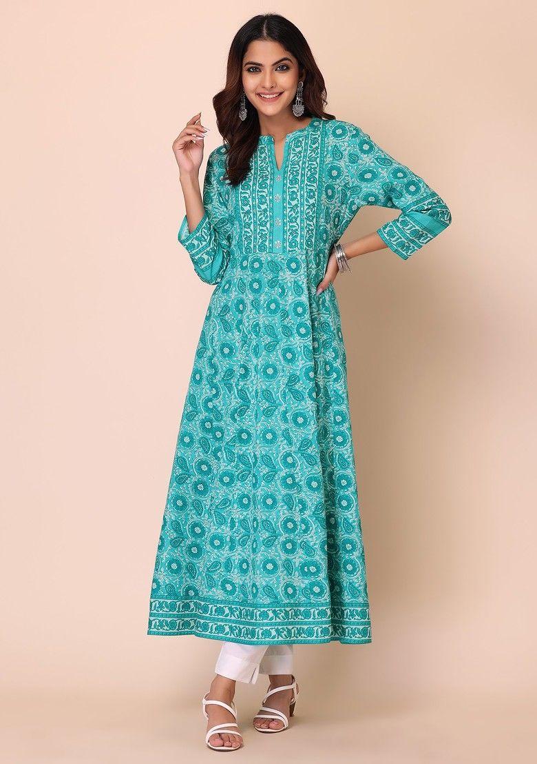 blue floral print muslin anarkali kurta