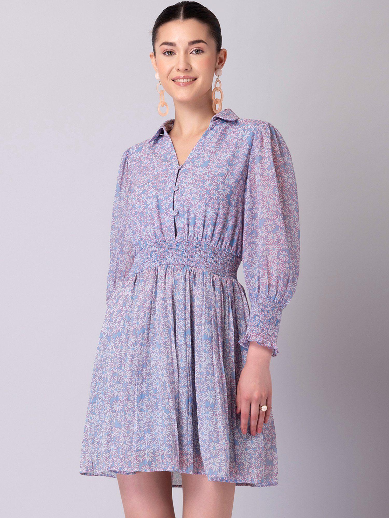 blue floral print pleated shirt dress