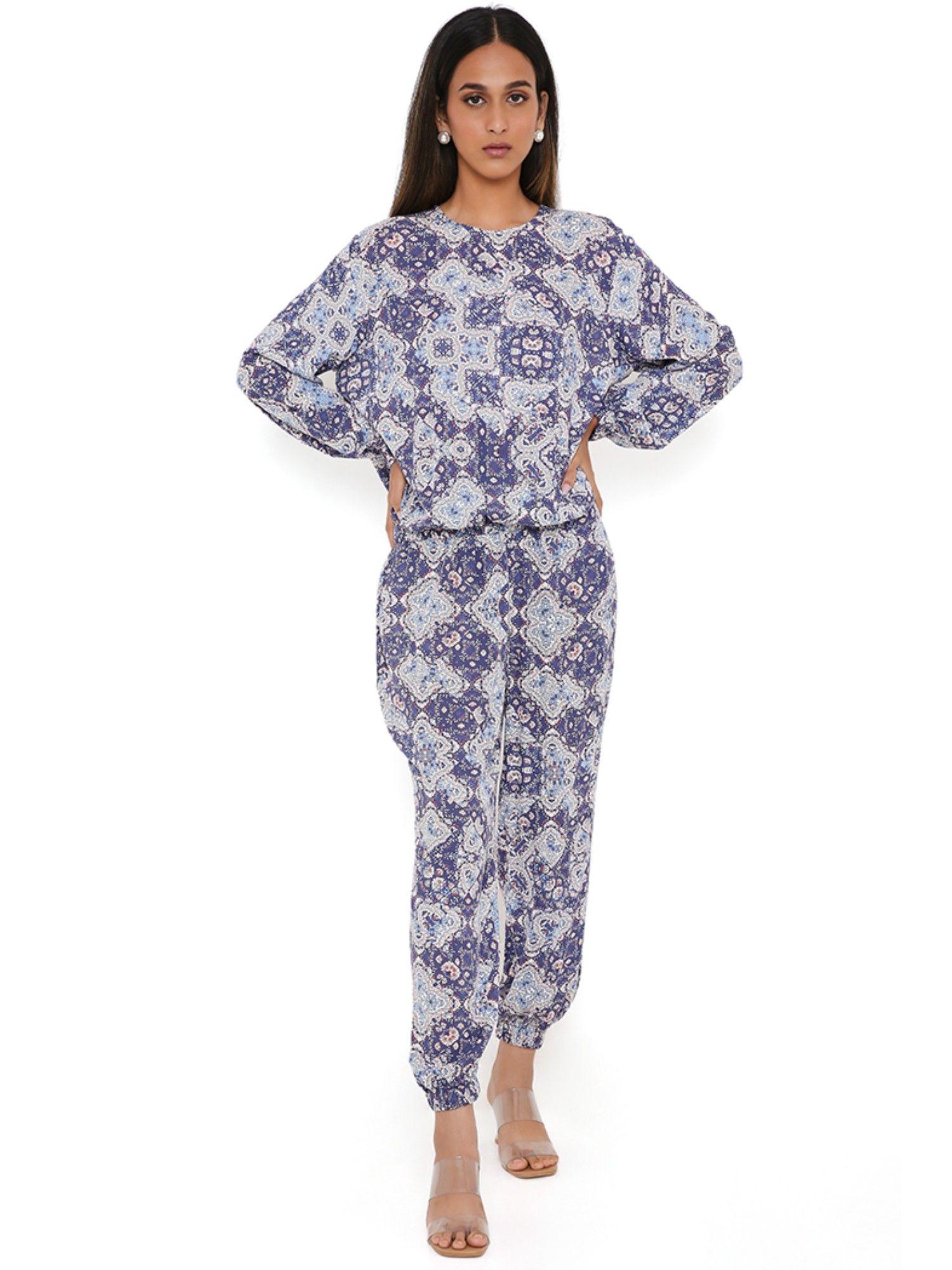 blue floral print rayon full sleeves top and jogger pants (set of 2)