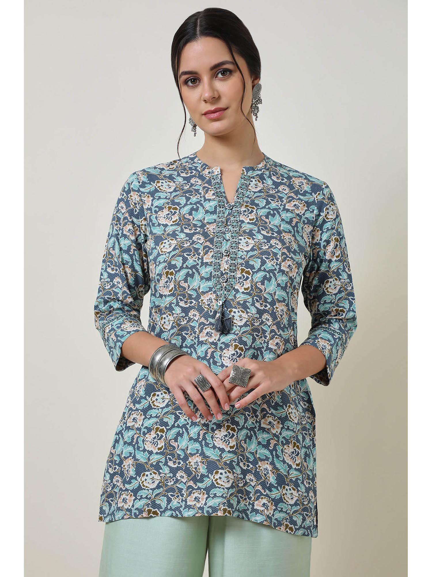 blue floral print rayon mandarin collar tunic