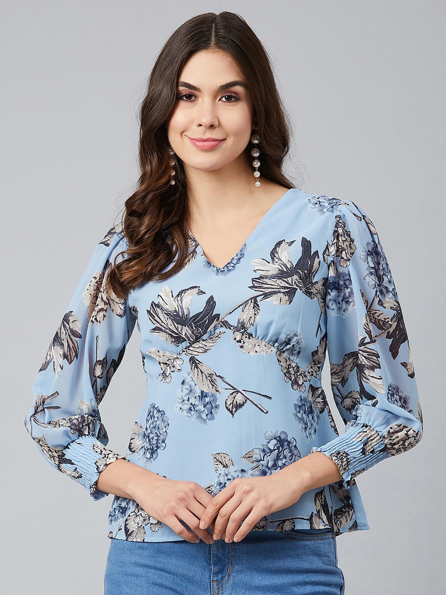 blue floral print regular top