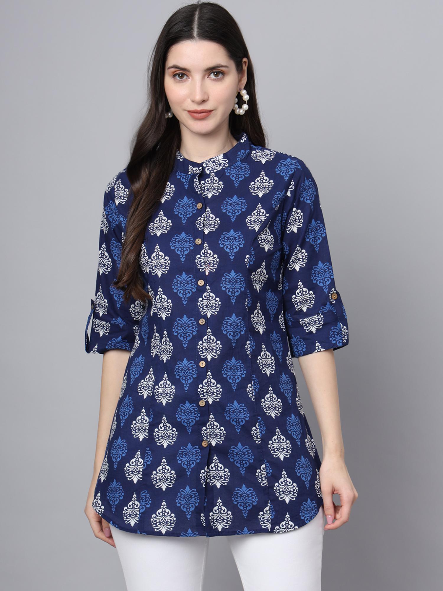 blue floral print shirt style top