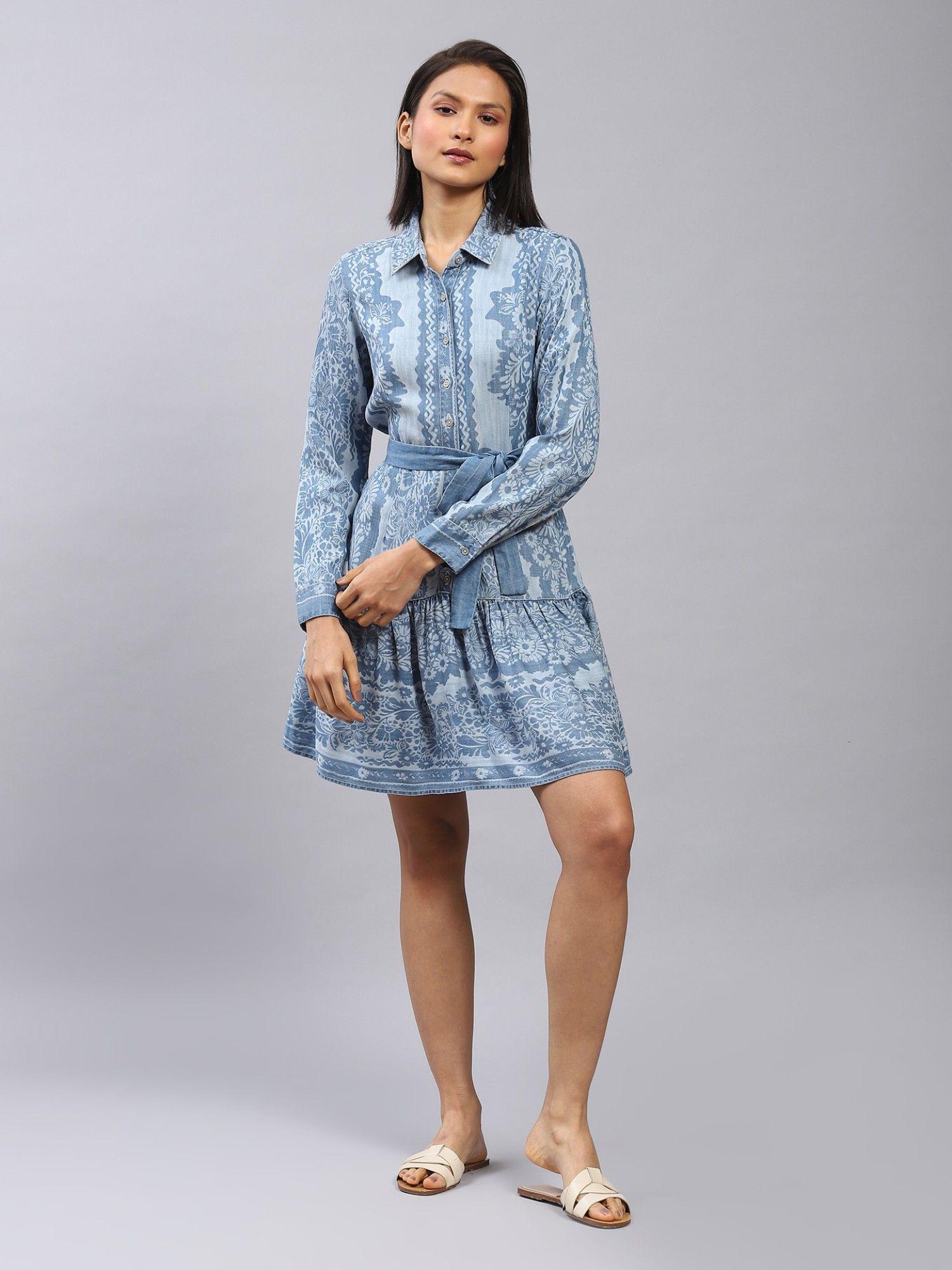 blue floral print short dress with tie-up (set of 2)