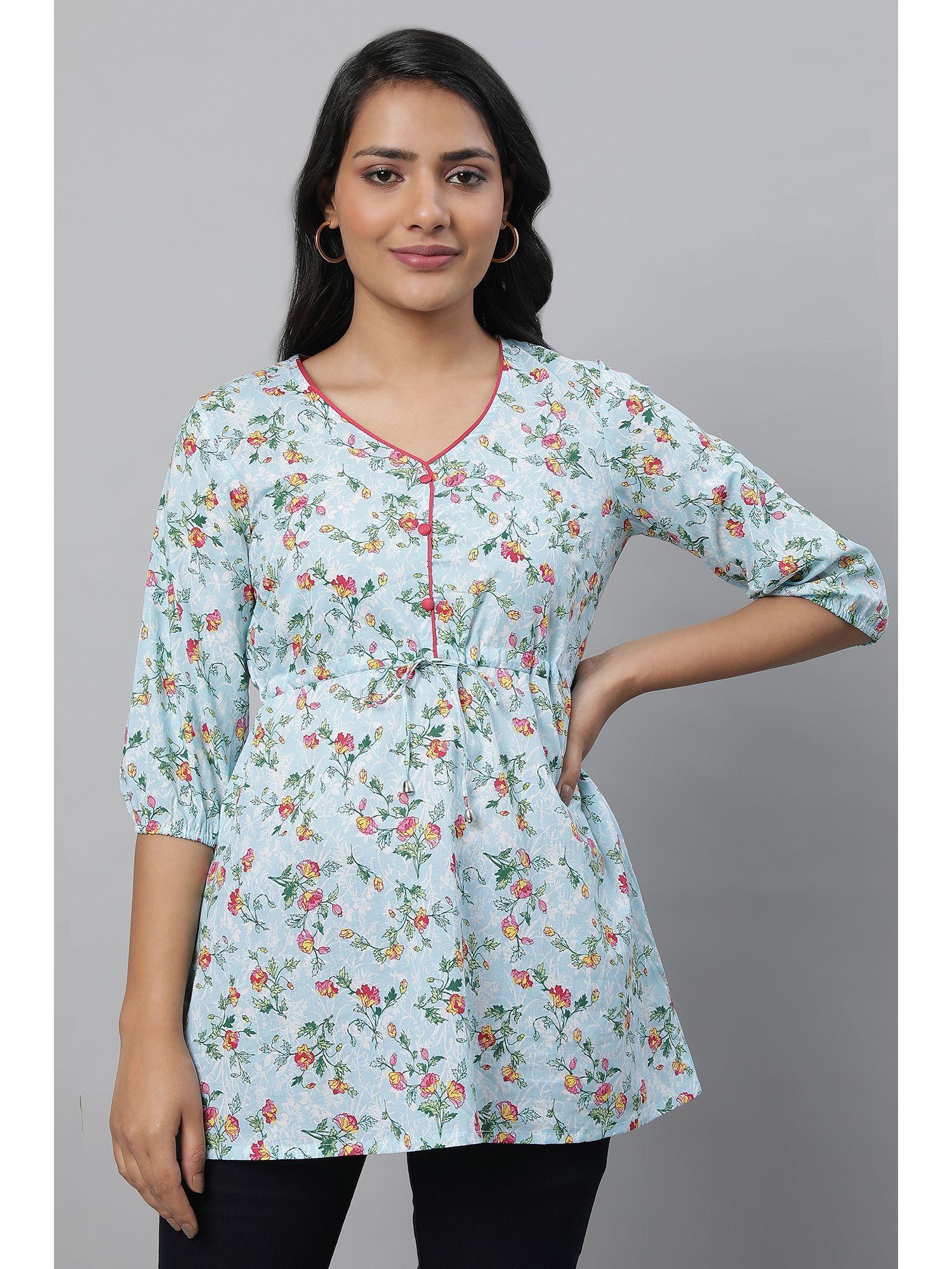 blue floral print summer kurti