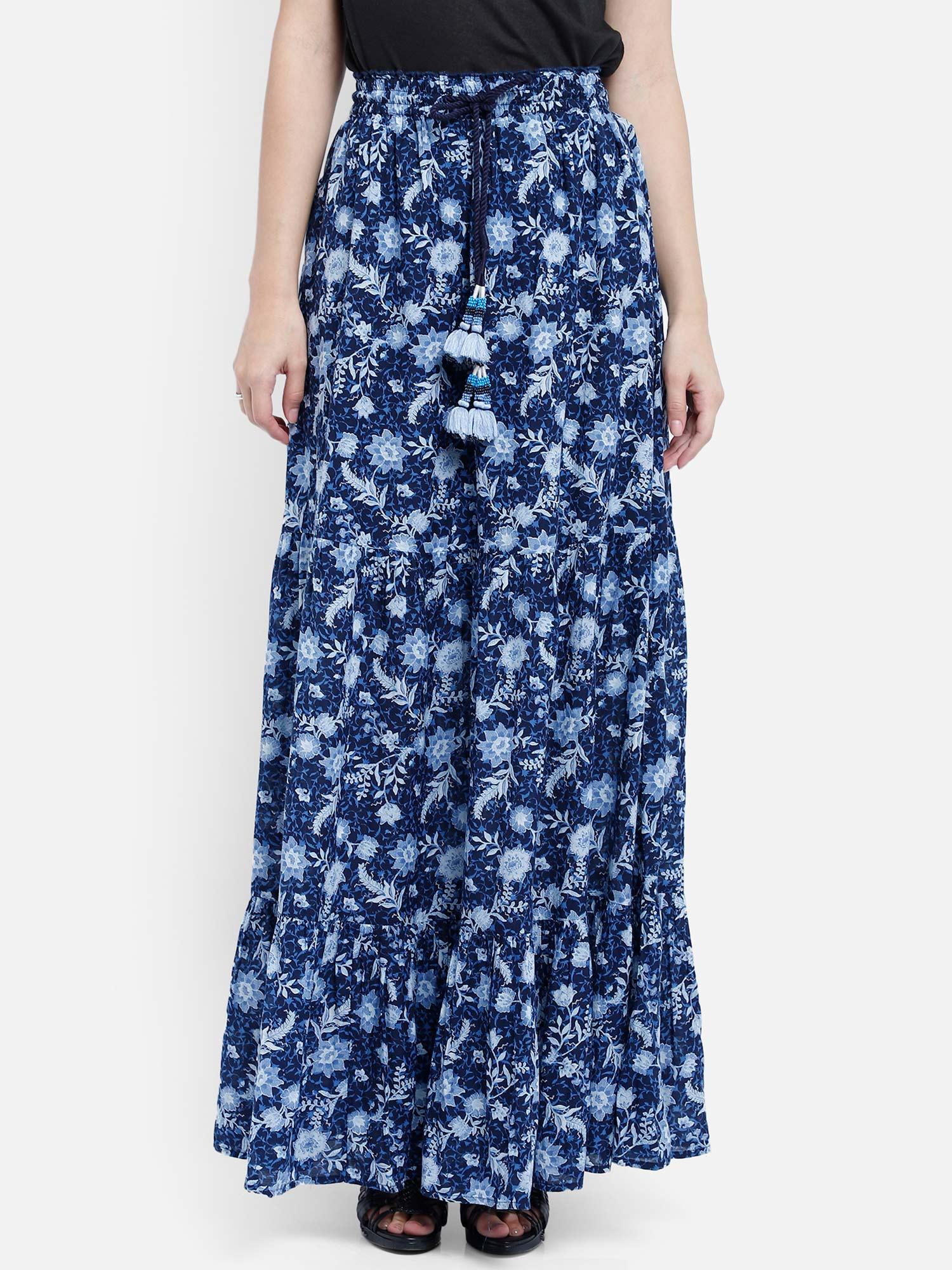 blue floral print tassel long flared skirt