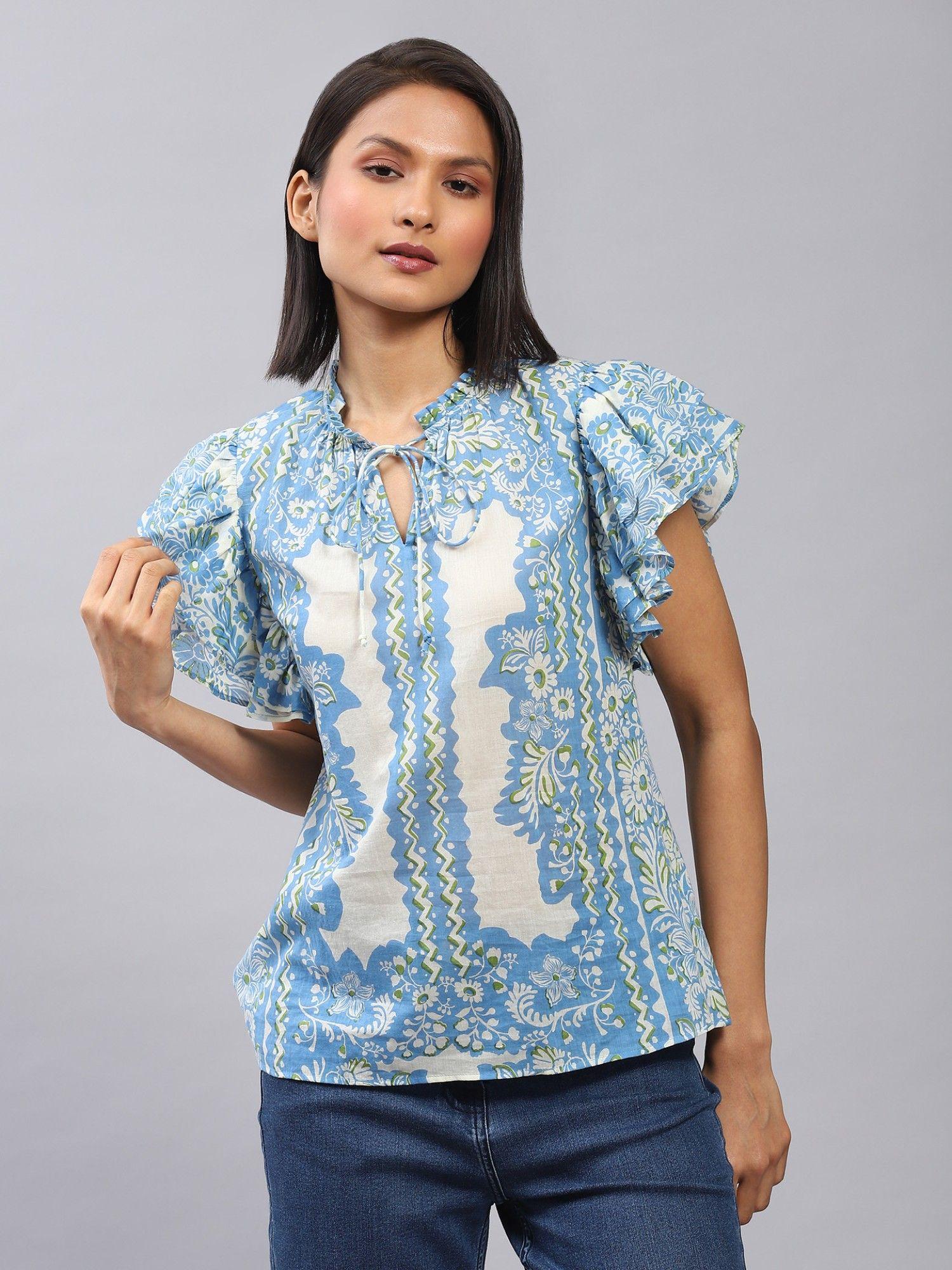 blue floral print top with ruffles