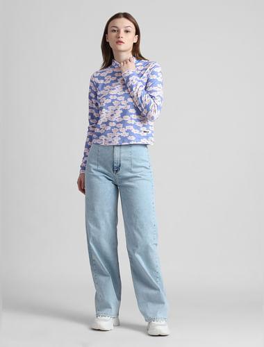 blue floral print turtleneck t-shirt