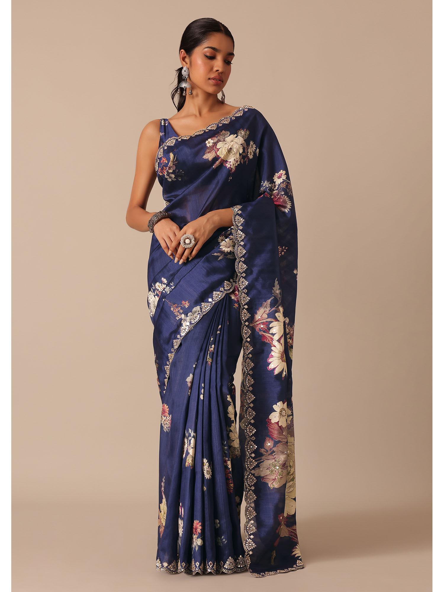 blue floral print tussar silk saree with unstitched blouse
