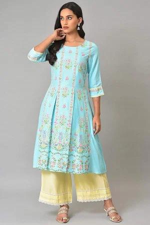 blue floral printed a-line front pleated kurta