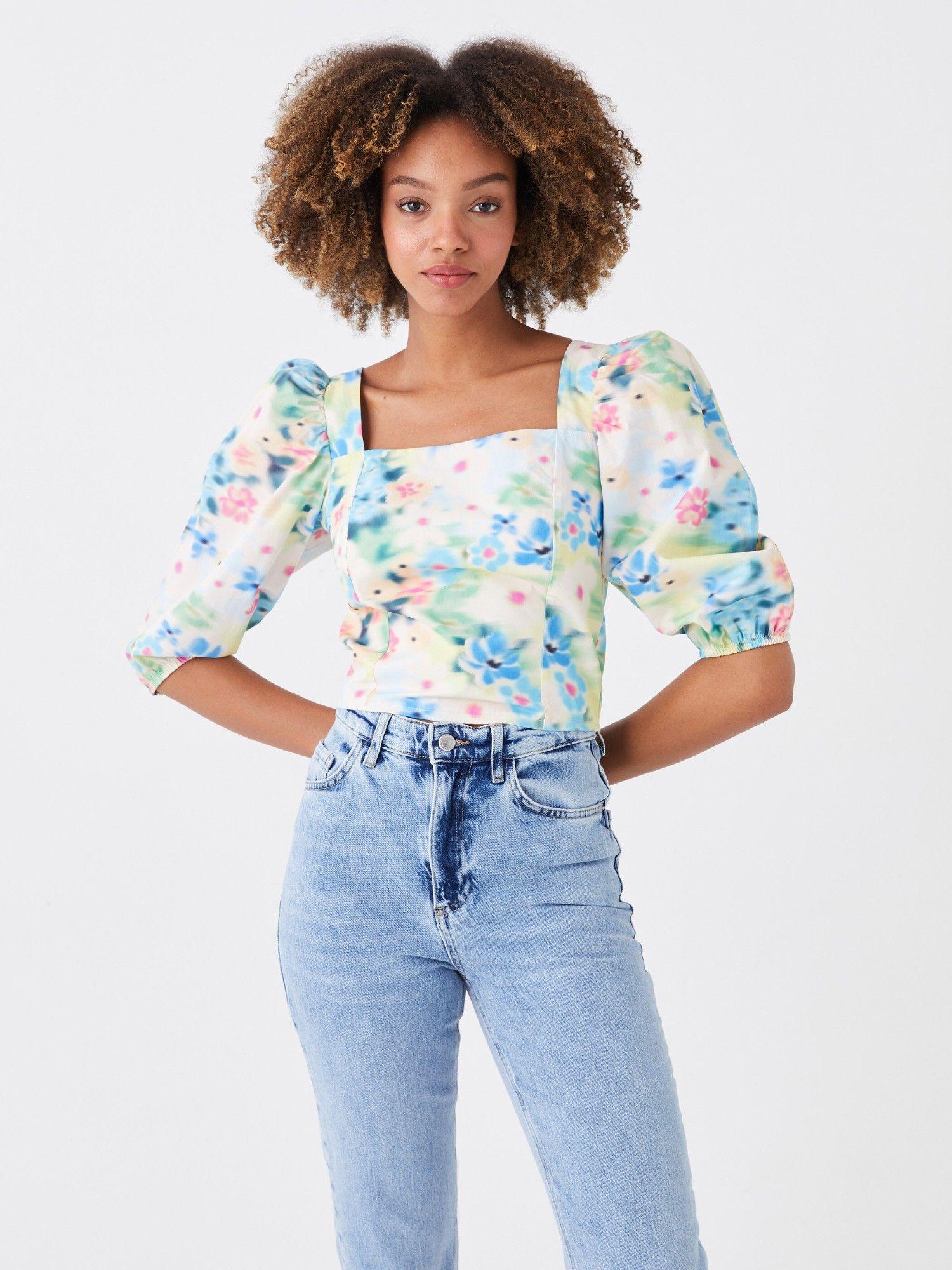 blue floral printed balloon sleeved top