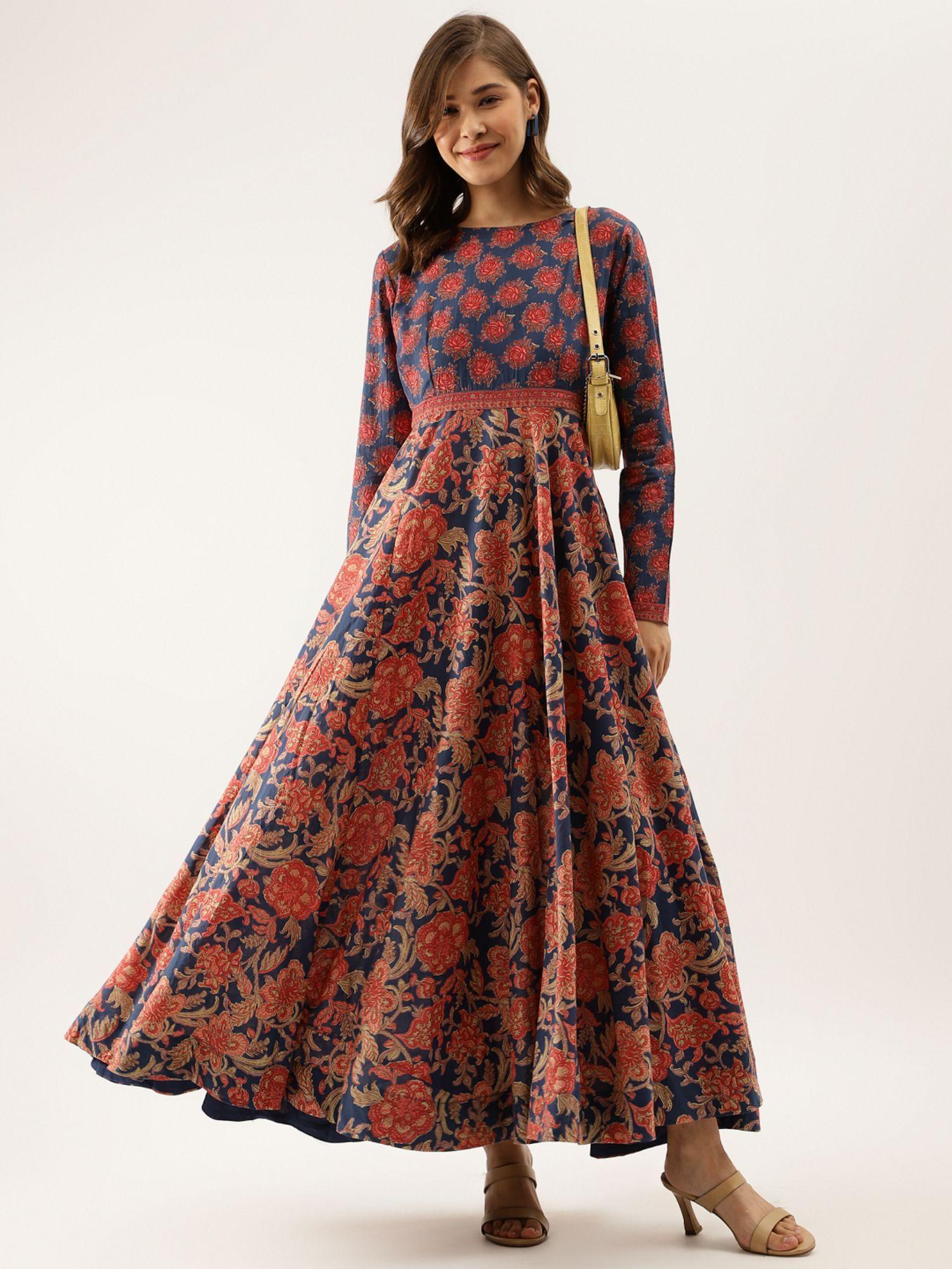 blue floral printed cotton ethnic dress for women