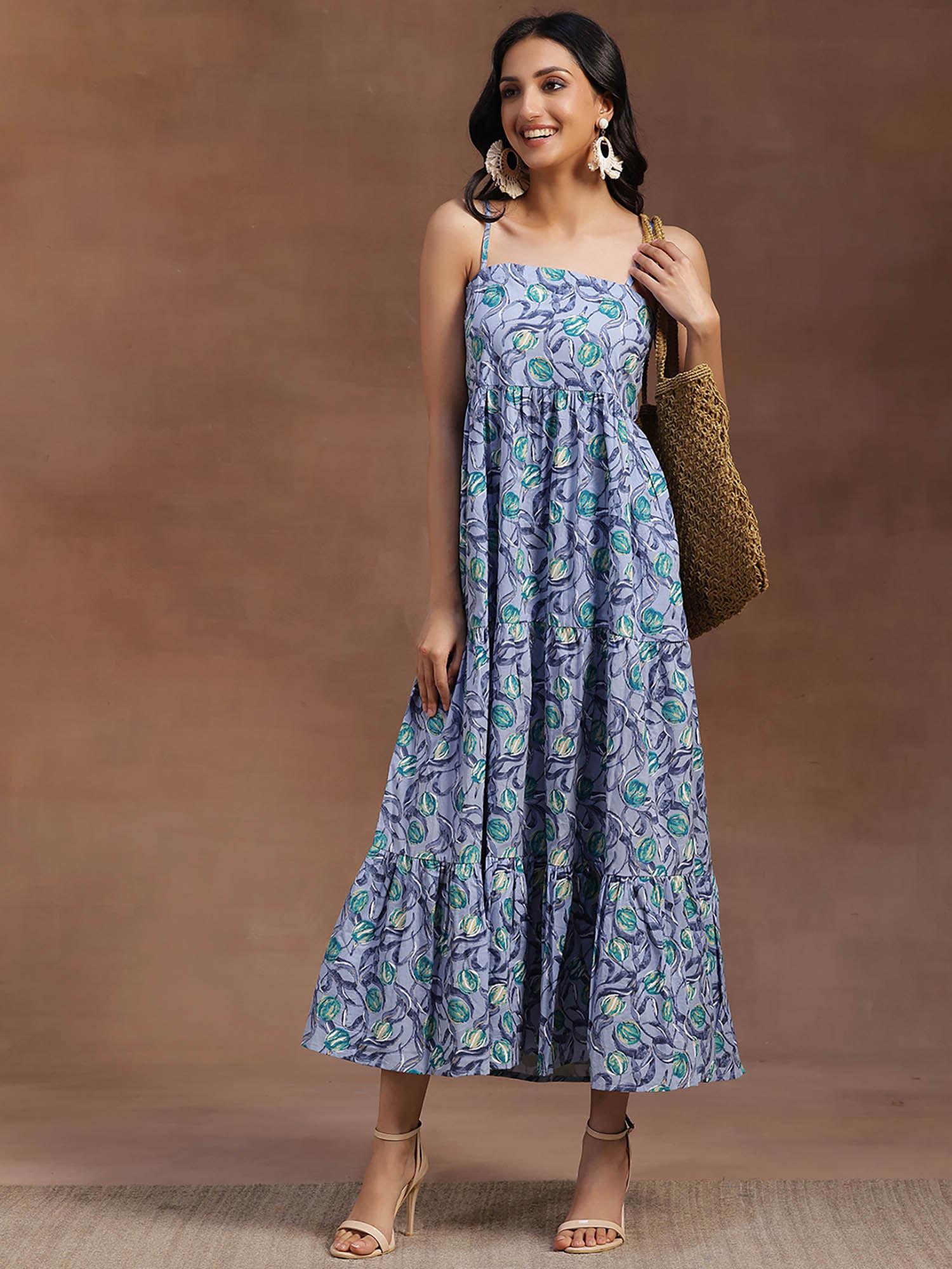 blue floral printed cotton maxi dress with panelled style & a pocket