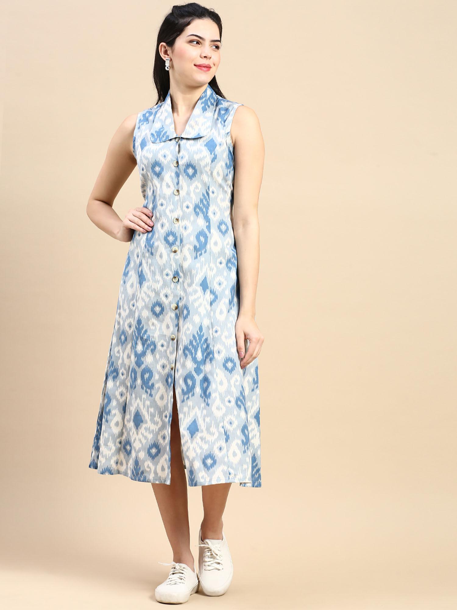 blue floral printed cotton peter pan collar dress